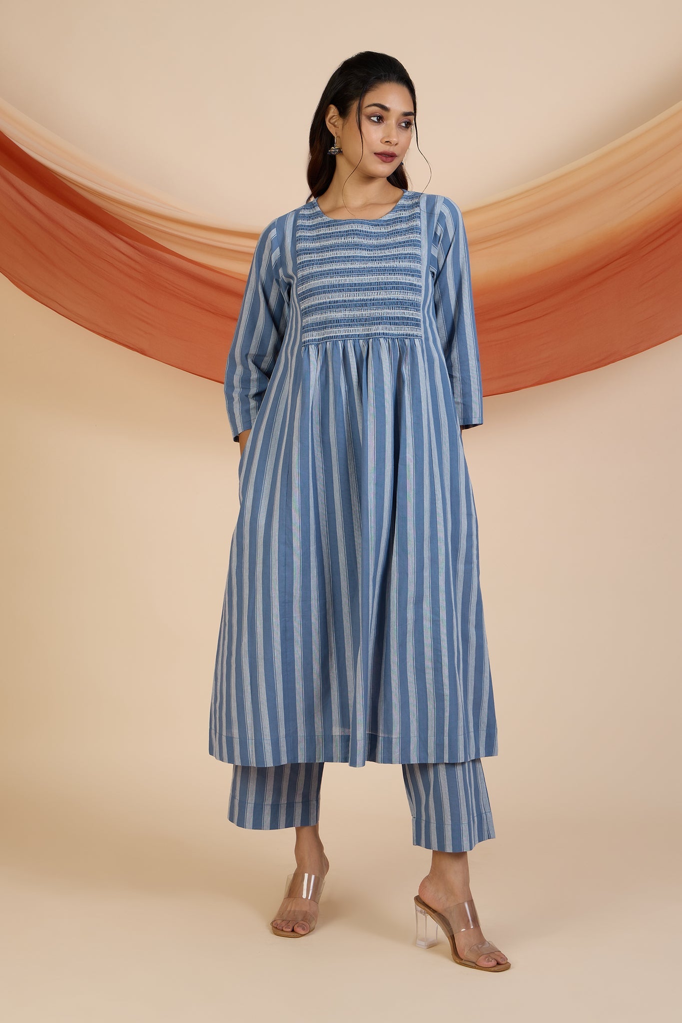 Maati Craft Co-ord Set Stormlight Stripes Smocked Yoke Kurta & Pants