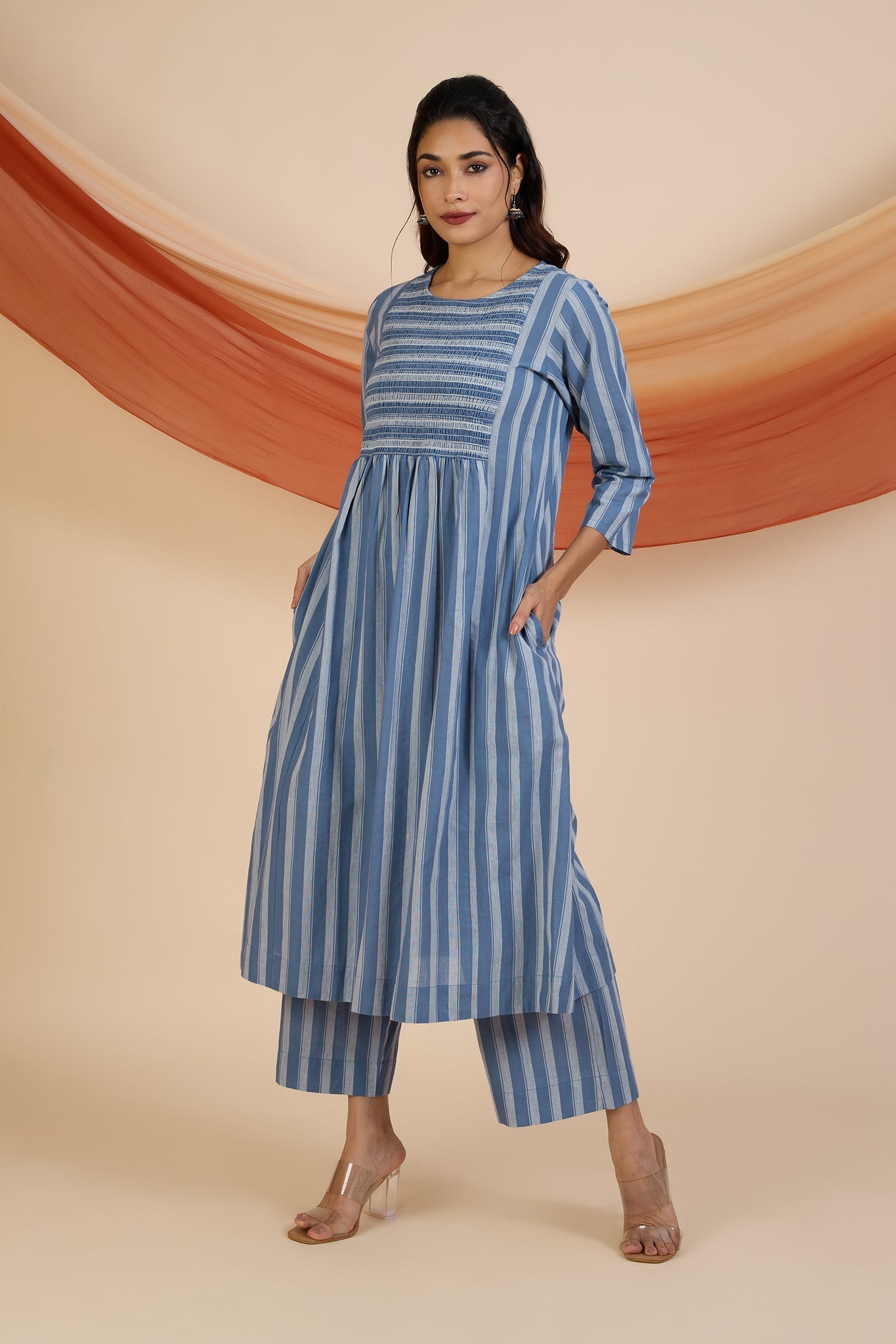 Maati Craft Co-ord Set Stormlight Stripes Smocked Yoke Kurta & Pants
