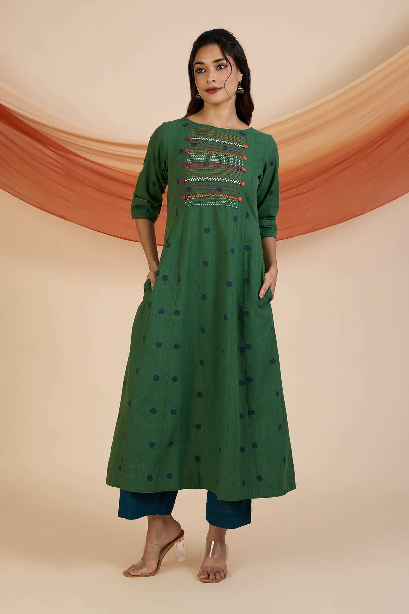 Maati Craft Jade Dots Pintuck Yoke Kurta Only with Pockets