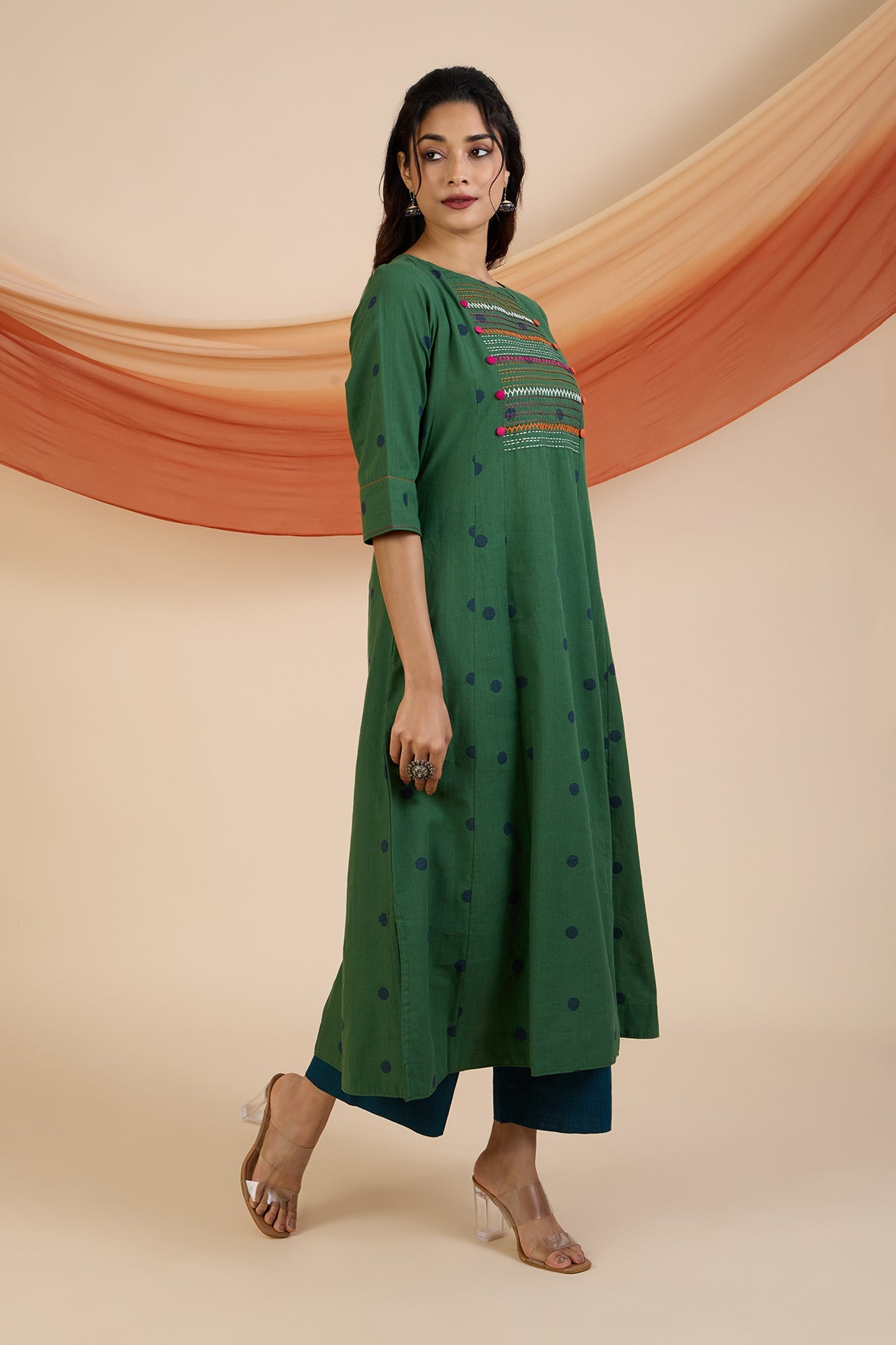 Maati Craft Jade Dots Pintuck Yoke Kurta Only with Pockets