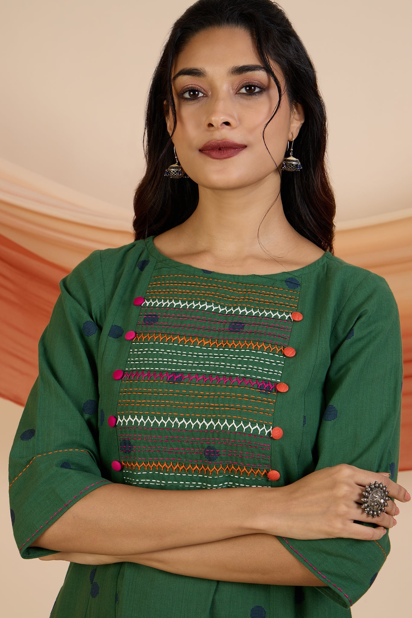 Maati Craft Jade Dots Pintuck Yoke Kurta Only with Pockets