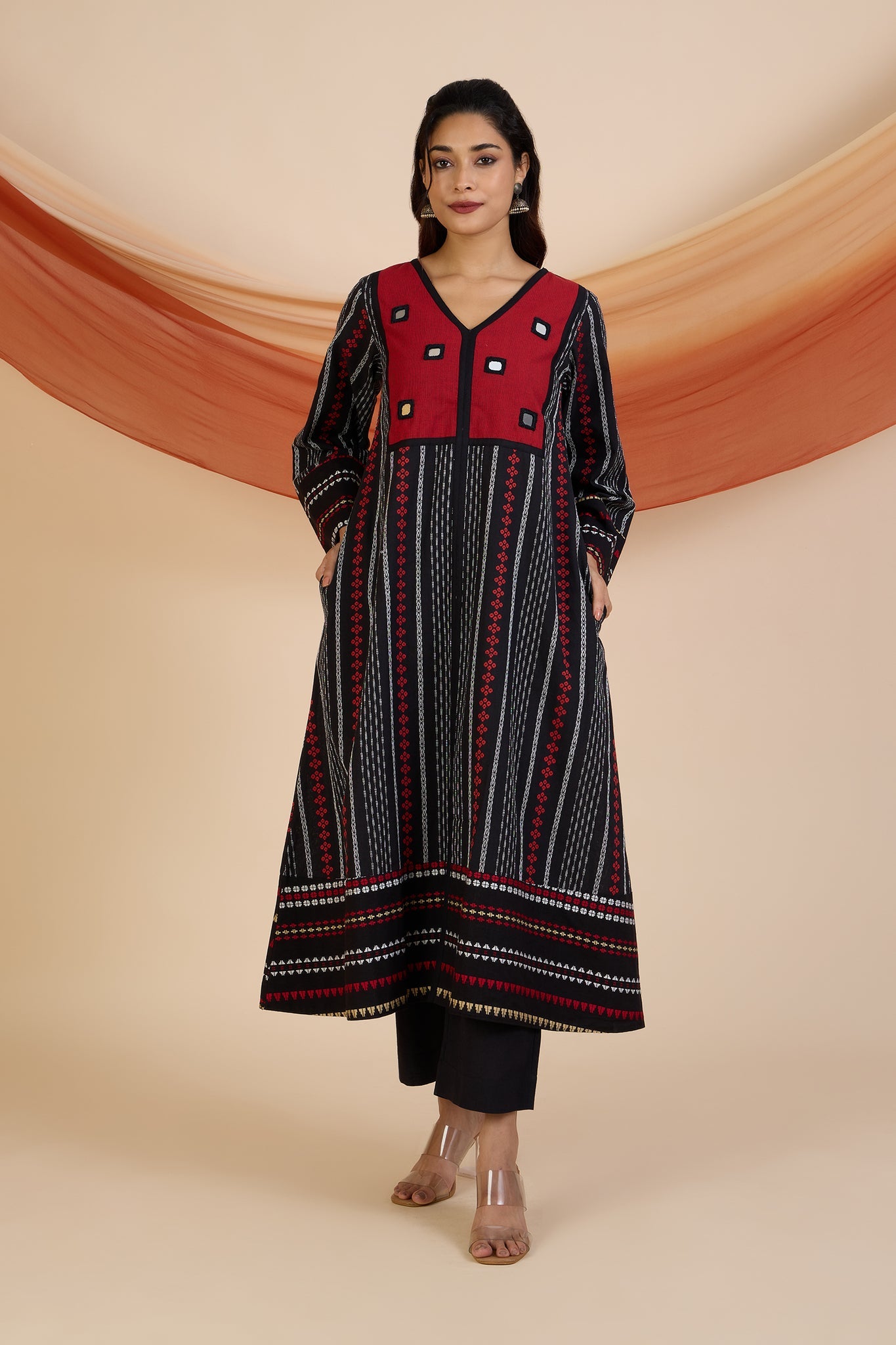 Maati Craft Crimson Reflections Boho Dress with Yoke & Funnel Sleeves