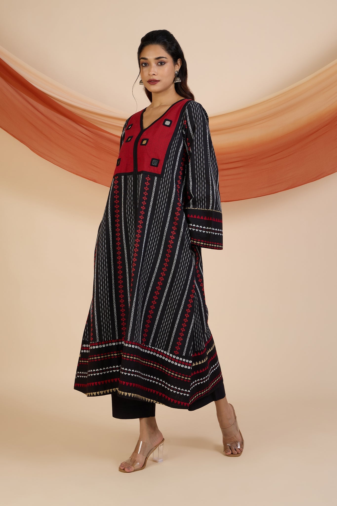 Maati Craft Crimson Reflections Boho Dress with Yoke & Funnel Sleeves