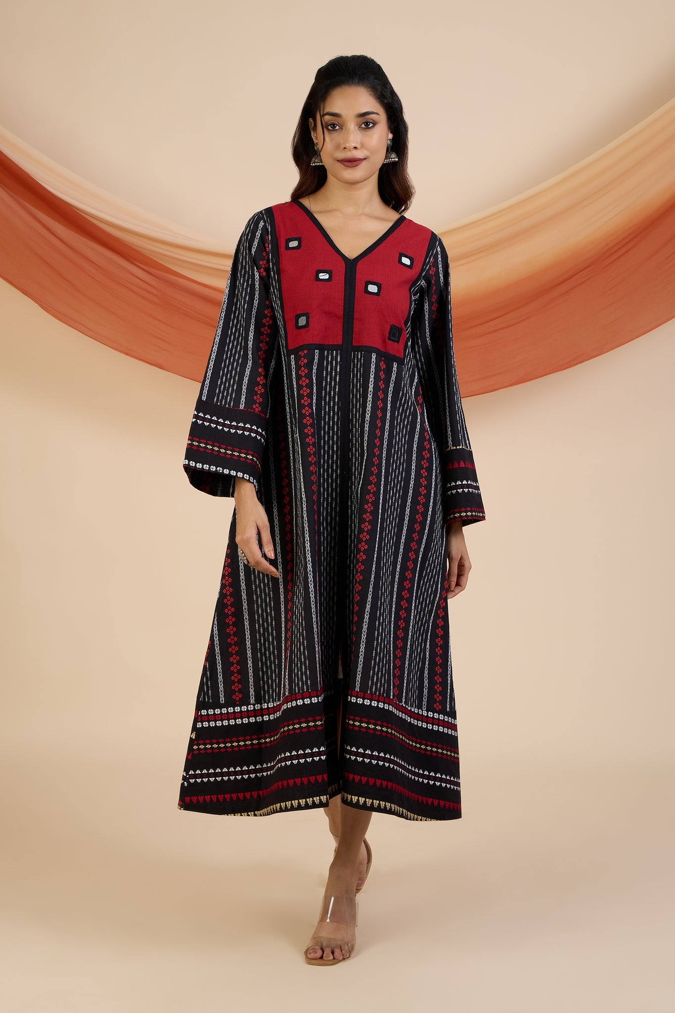Maati Craft Crimson Reflections Boho Dress with Yoke & Funnel Sleeves