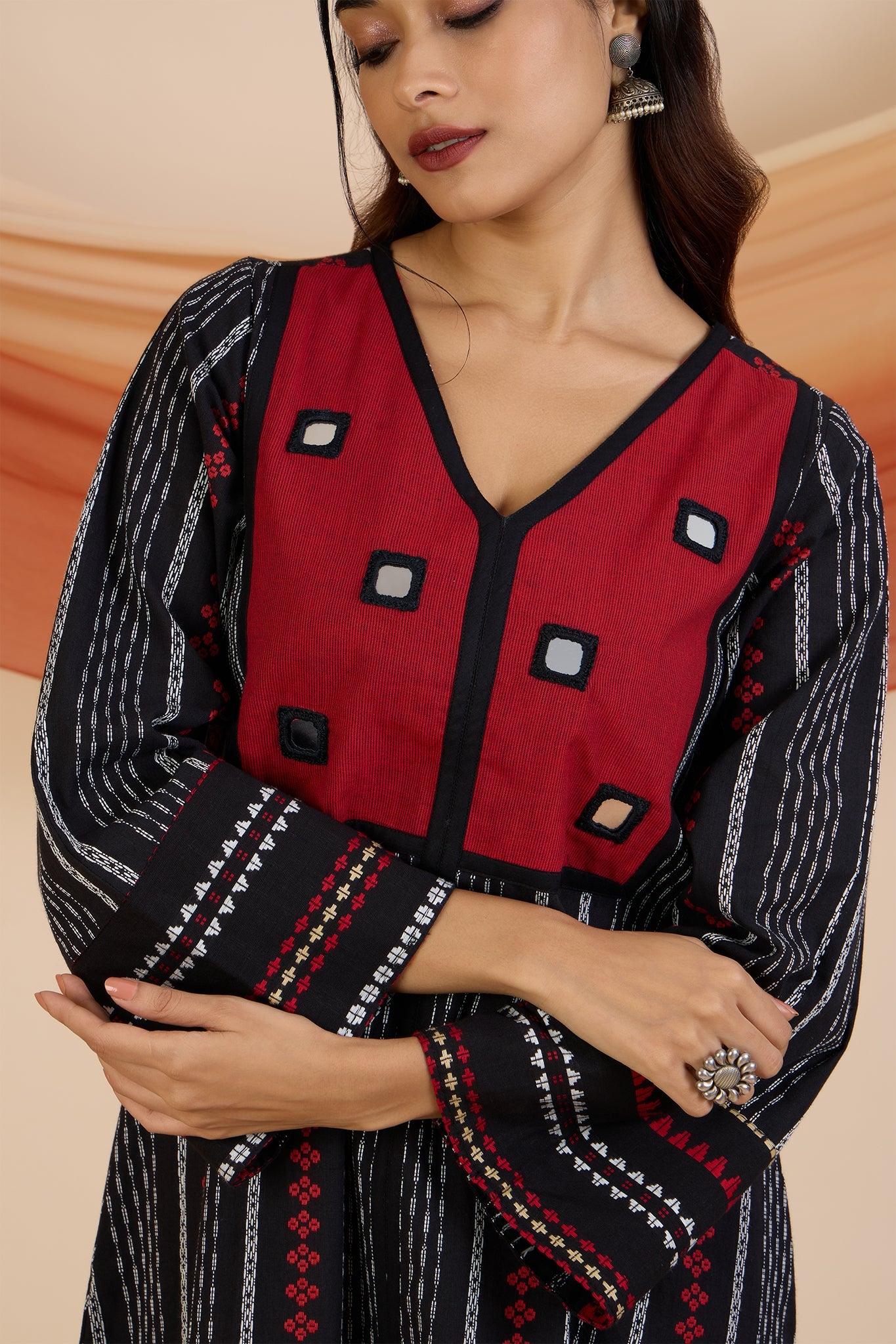 Maati Craft Crimson Reflections Boho Dress with Yoke & Funnel Sleeves