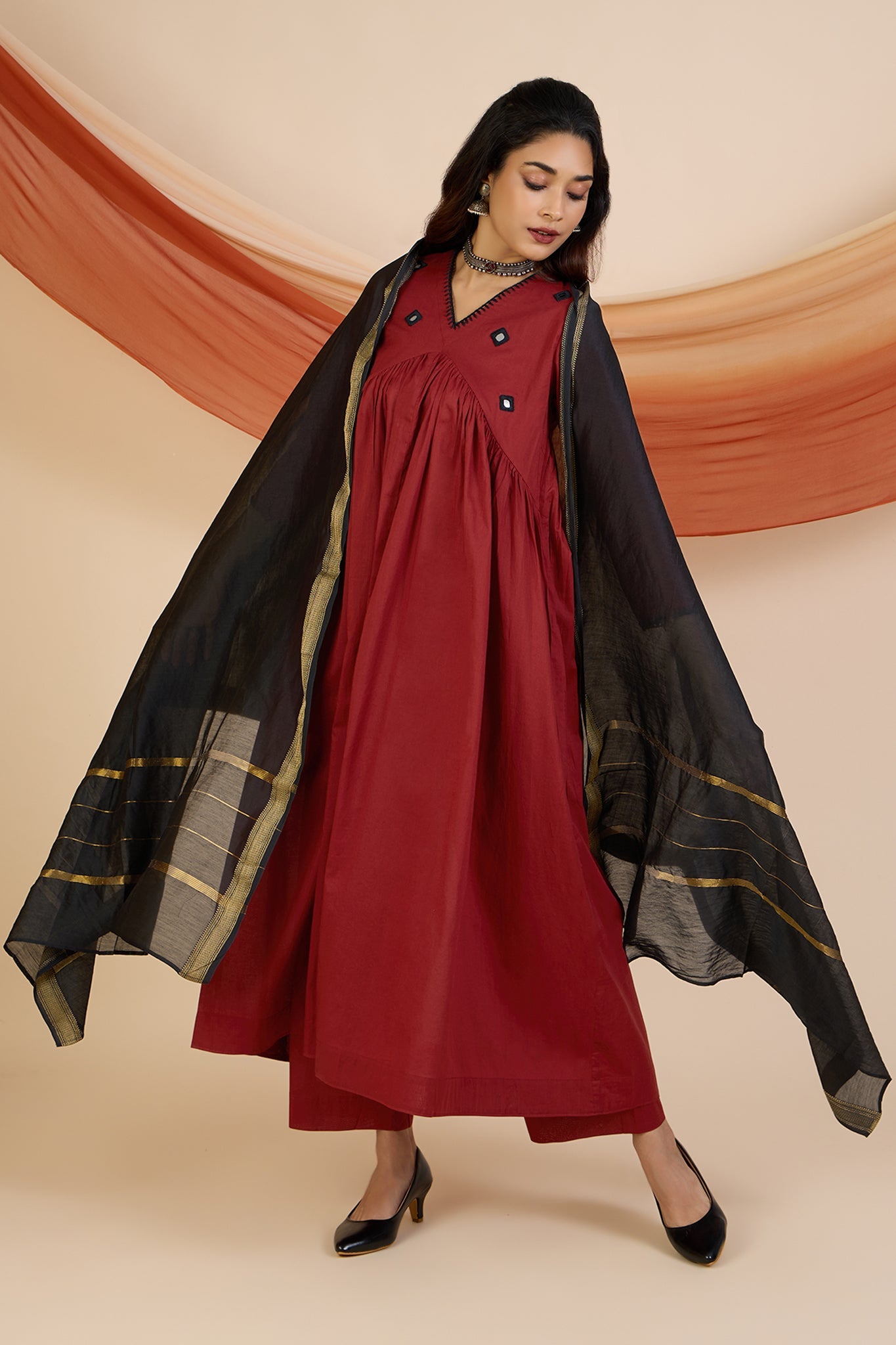Maati Craft Rust & Noir Reverie V-Neck Gather Anarkali