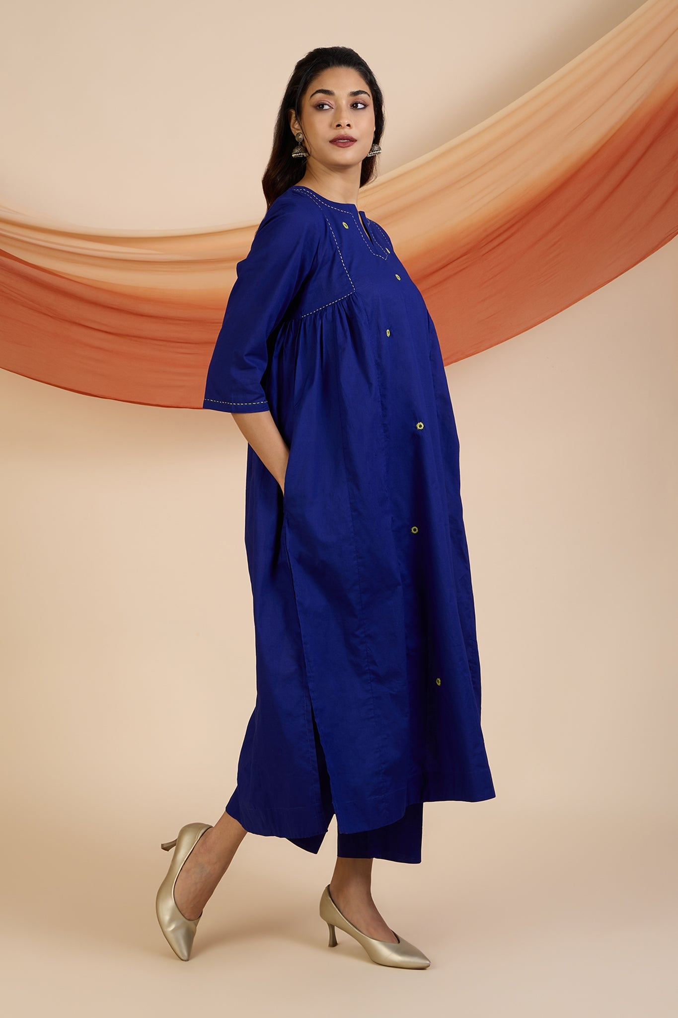 Maati Craft Co-ord Set Sapphires & Emerald Side Gather A-Line Kurta & Pants