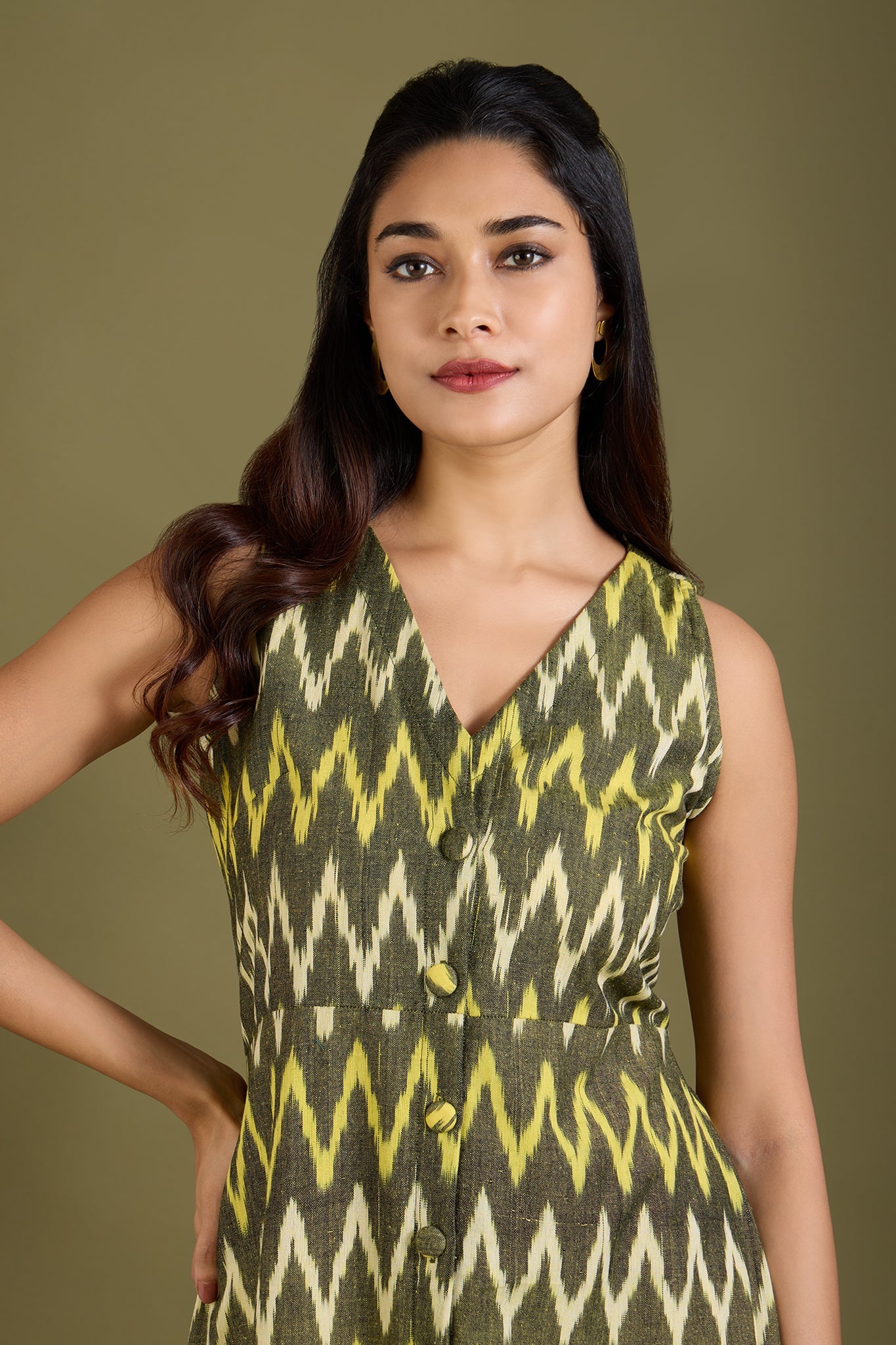 Maati Craft Earthy Zigzag Glow V-neck Button Down Dress