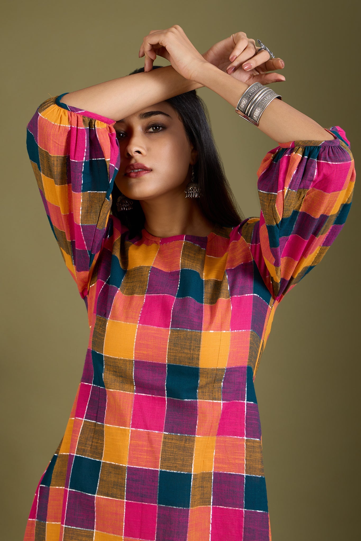 Maati Craft Prismatic Checks Peasant Sleeve Dress