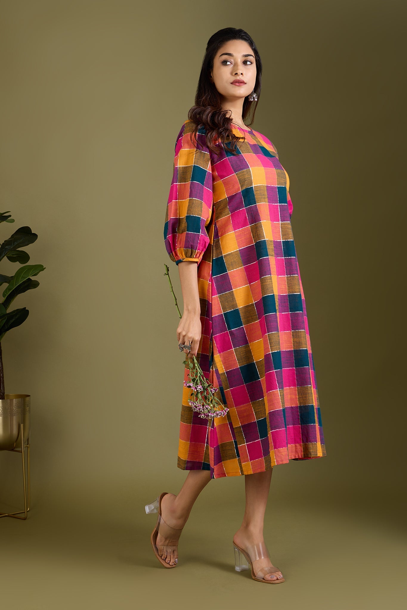 Maati Craft Prismatic Checks Peasant Sleeve Dress