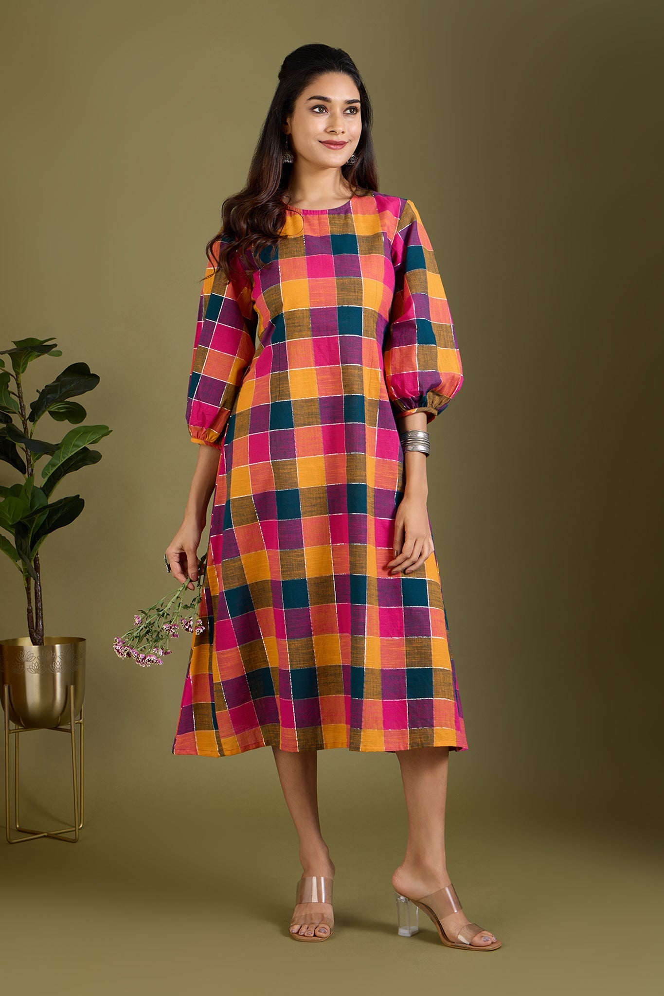 Maati Craft Prismatic Checks Peasant Sleeve Dress