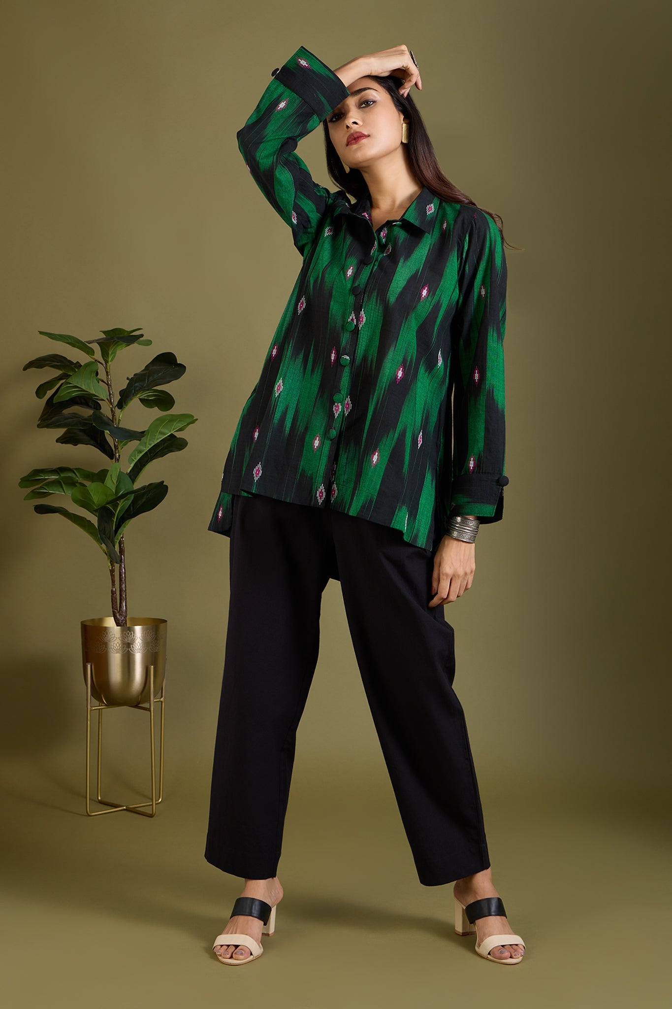 Maati Craft Emerald Noir High Low Hem Cotton Shirt