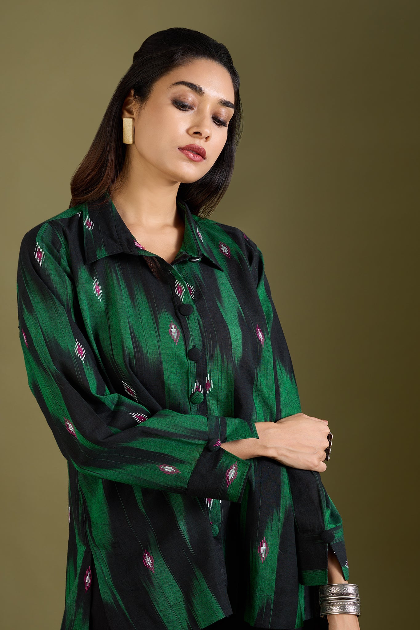 Maati Craft Emerald Noir High Low Hem Cotton Shirt
