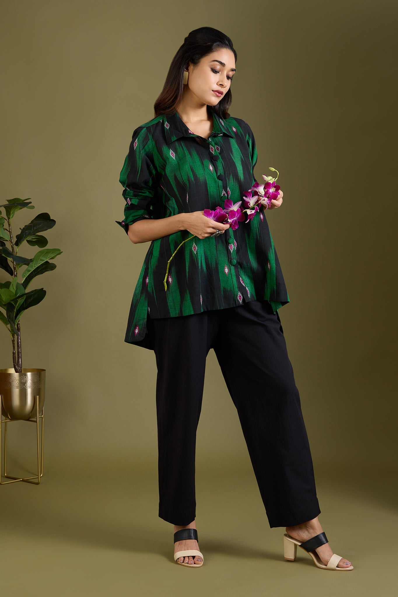 Maati Craft Emerald Noir High Low Hem Cotton Shirt