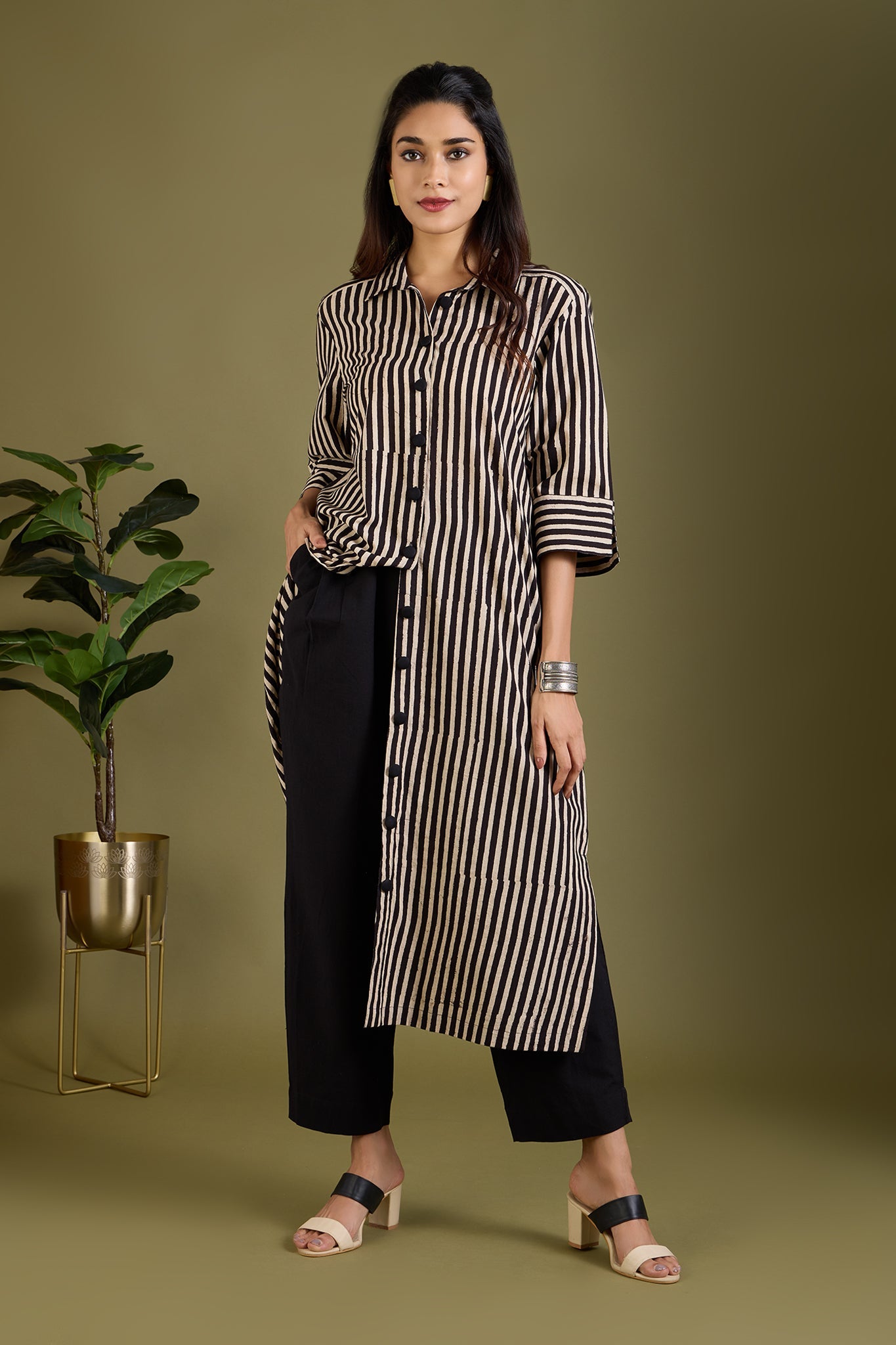 Maati Craft Earthy Noir Streak Long Shirt Dress