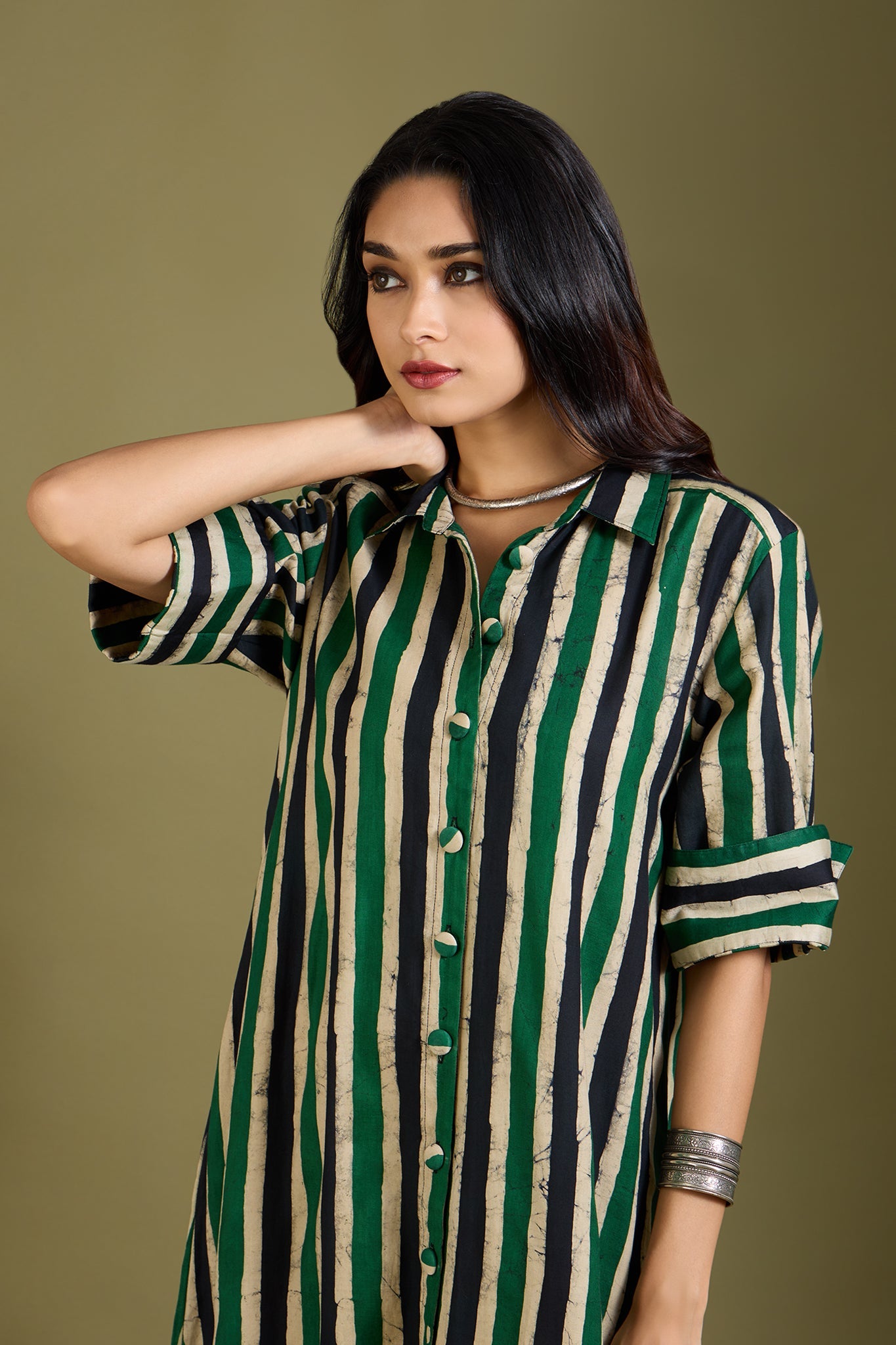 Maati Craft Sage Breeze Lines Long Shirt Dress