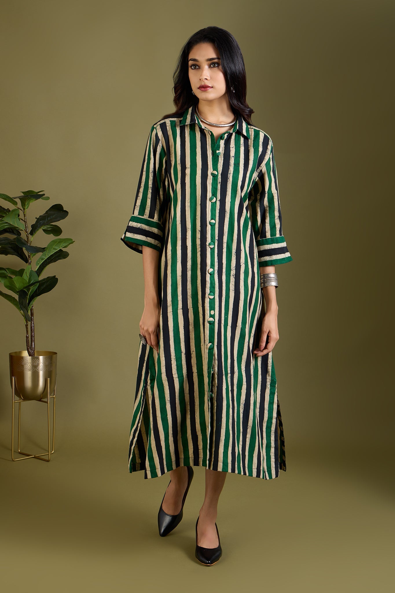 Maati Craft Sage Breeze Lines Long Shirt Dress
