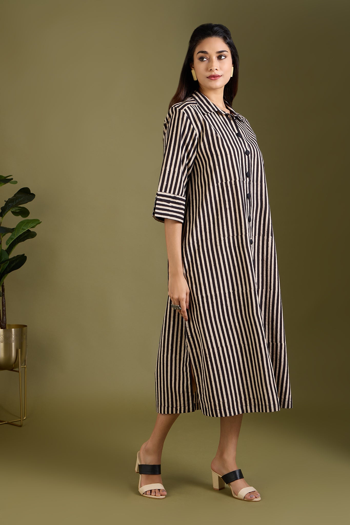 Maati Craft Earthy Noir Streak Long Shirt Dress