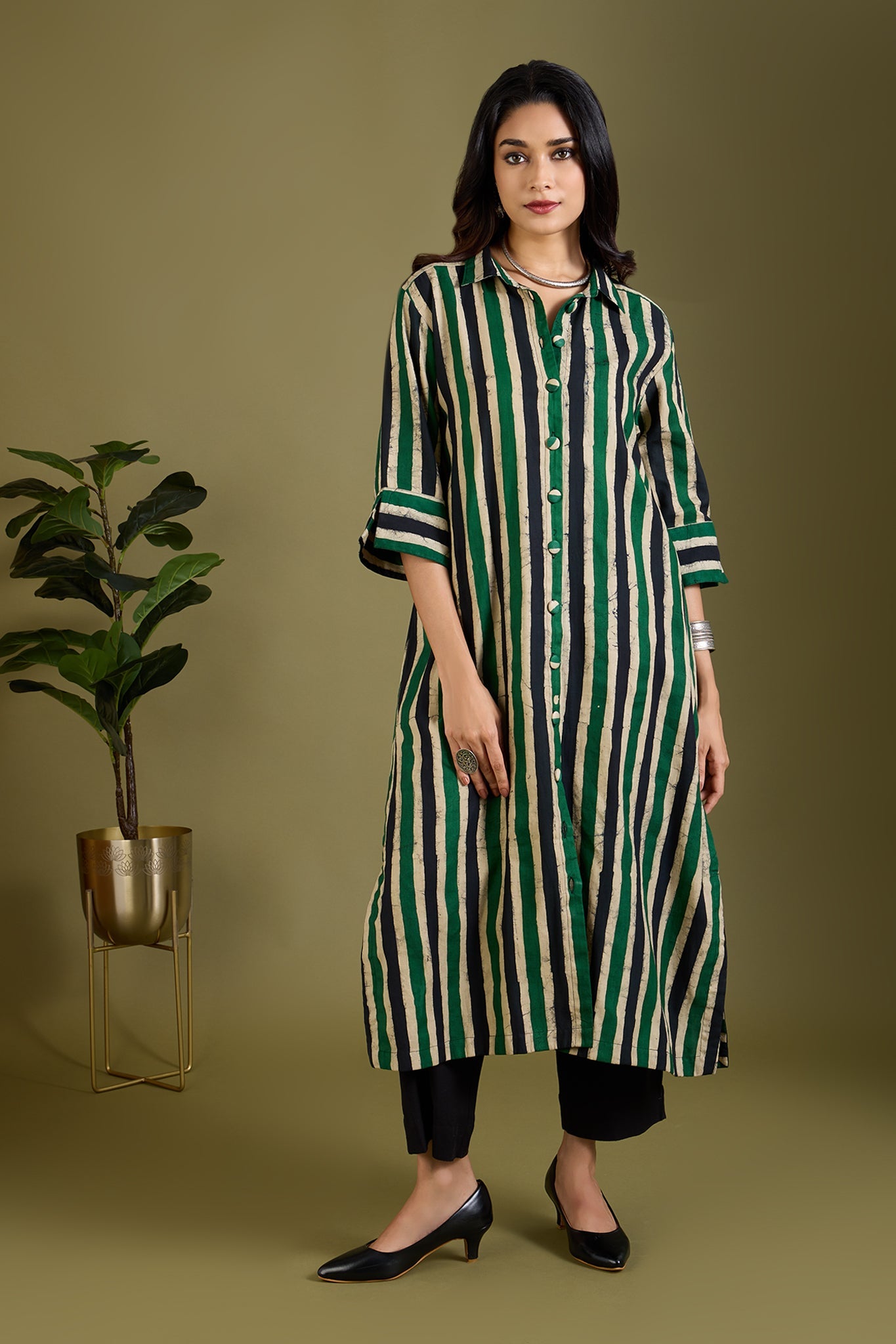 Maati Craft Sage Breeze Lines Long Shirt Dress