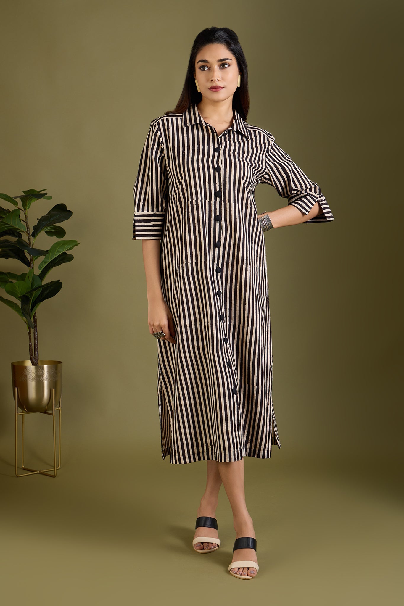 Maati Craft Earthy Noir Streak Long Shirt Dress