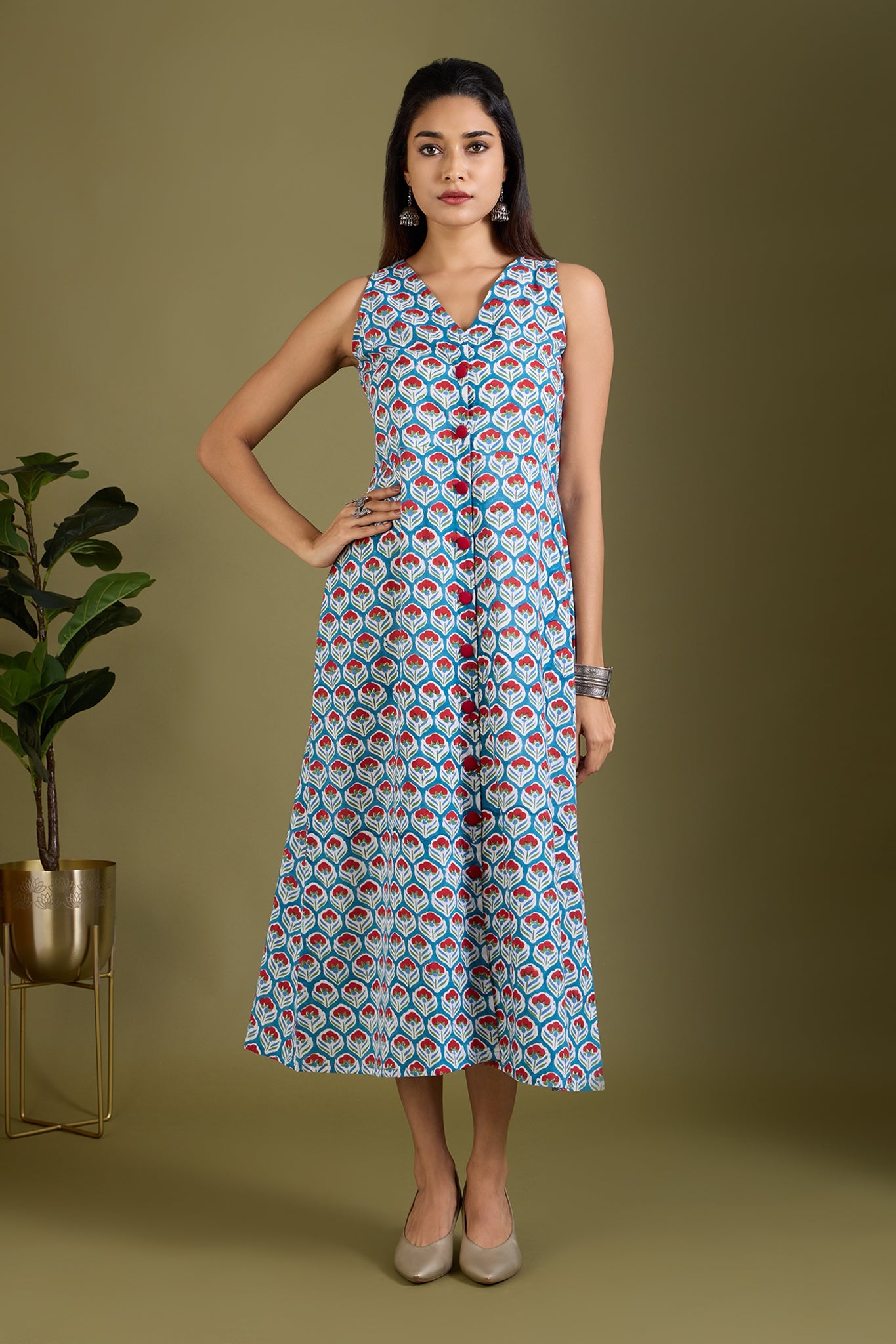 Maati Craft Azure Scarlet Buds V-neck Button Down Dress