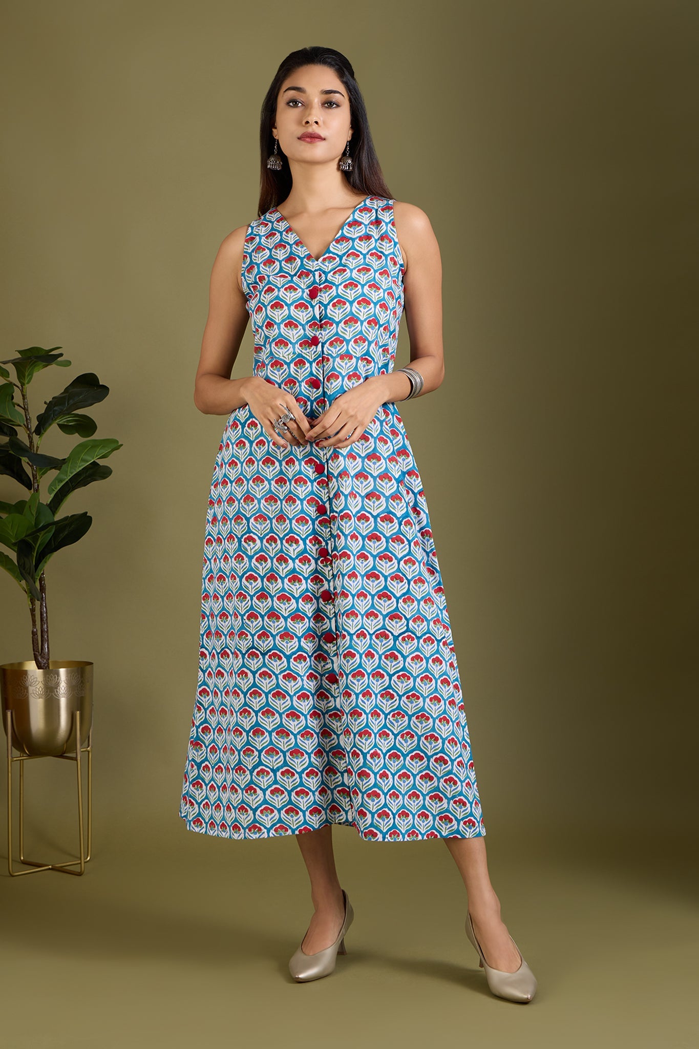 Maati Craft Azure Scarlet Buds V-neck Button Down Dress