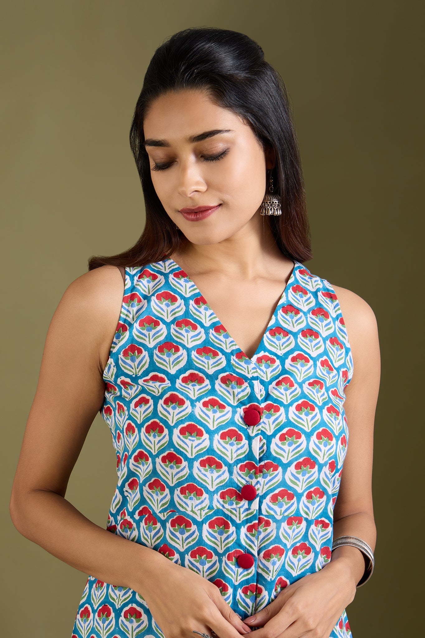 Maati Craft Azure Scarlet Buds V-neck Button Down Dress