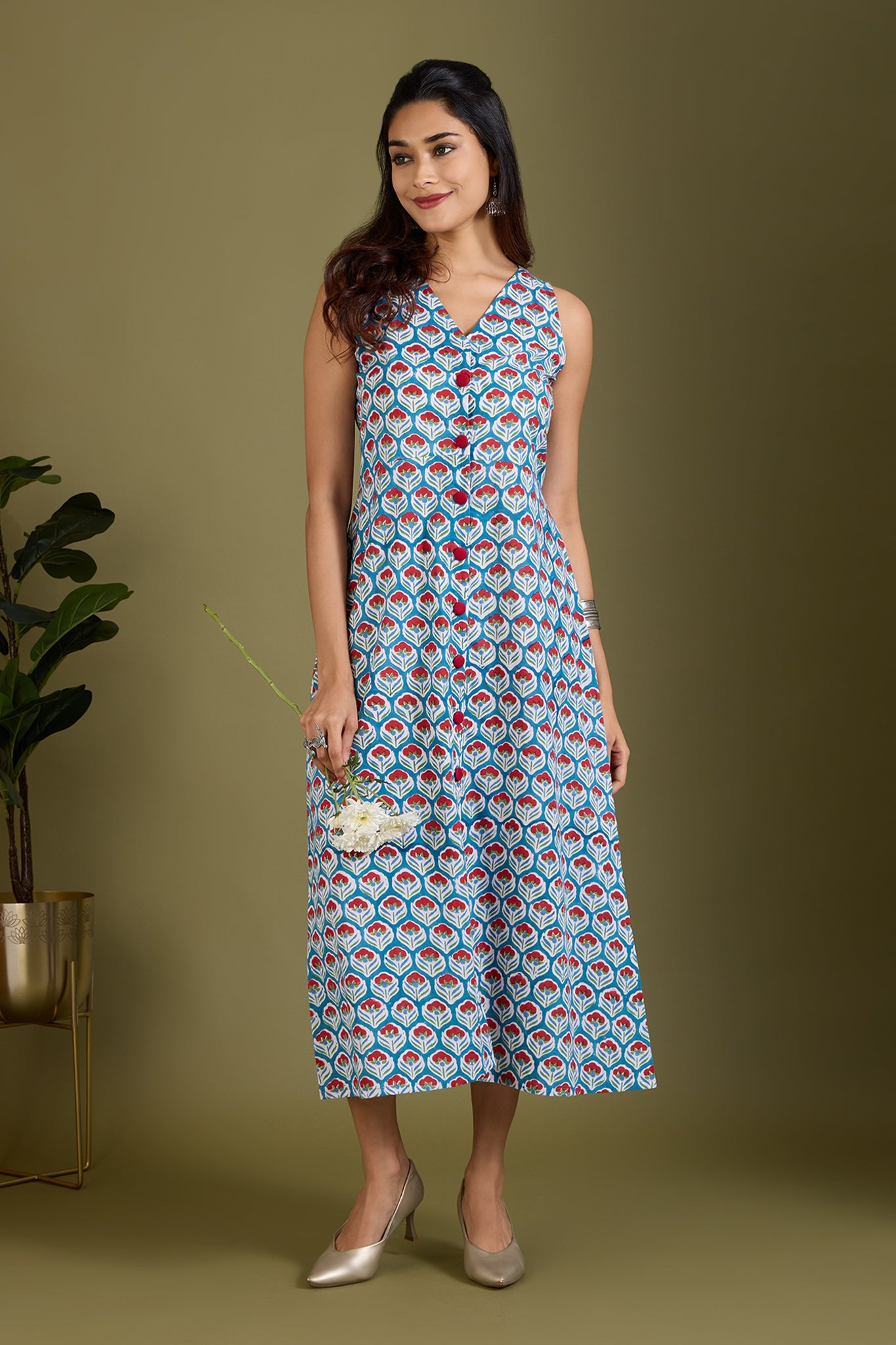 Maati Craft Azure Scarlet Buds V-neck Button Down Dress