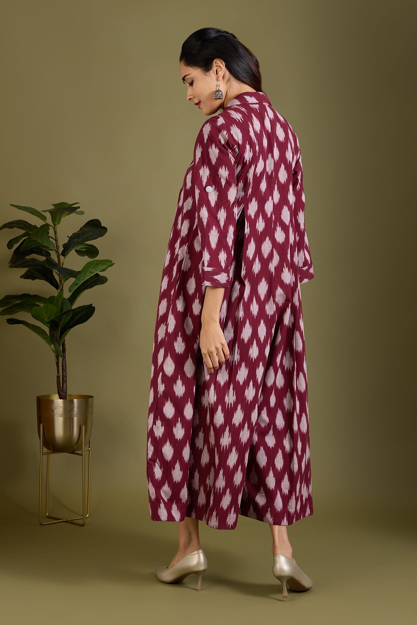 Maati Craft Winewood Whisper Cotton Jumpsuit with Pockets & Collar