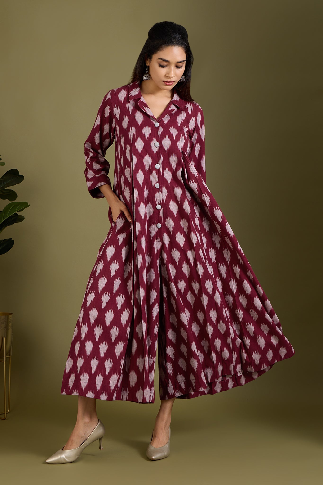 Maati Craft Winewood Whisper Cotton Jumpsuit with Pockets & Collar