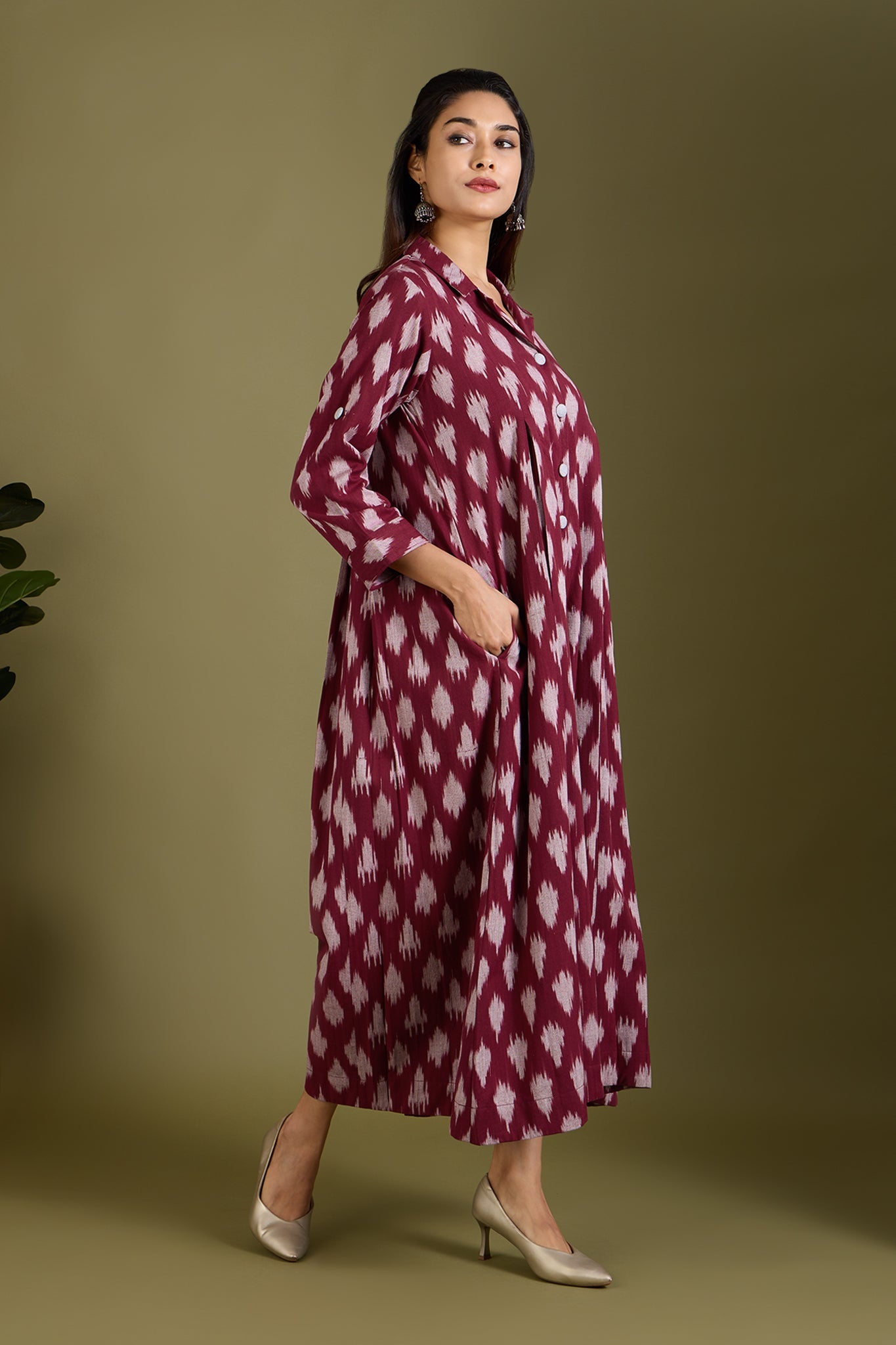 Maati Craft Winewood Whisper Cotton Jumpsuit with Pockets & Collar