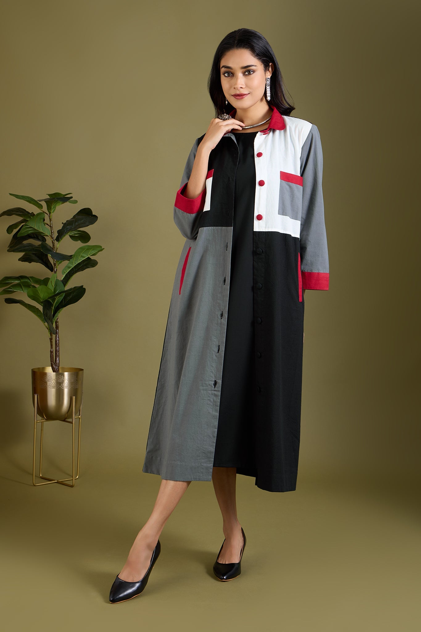 Maati Craft Noir Ember Glow Colour Block Button Down Dress