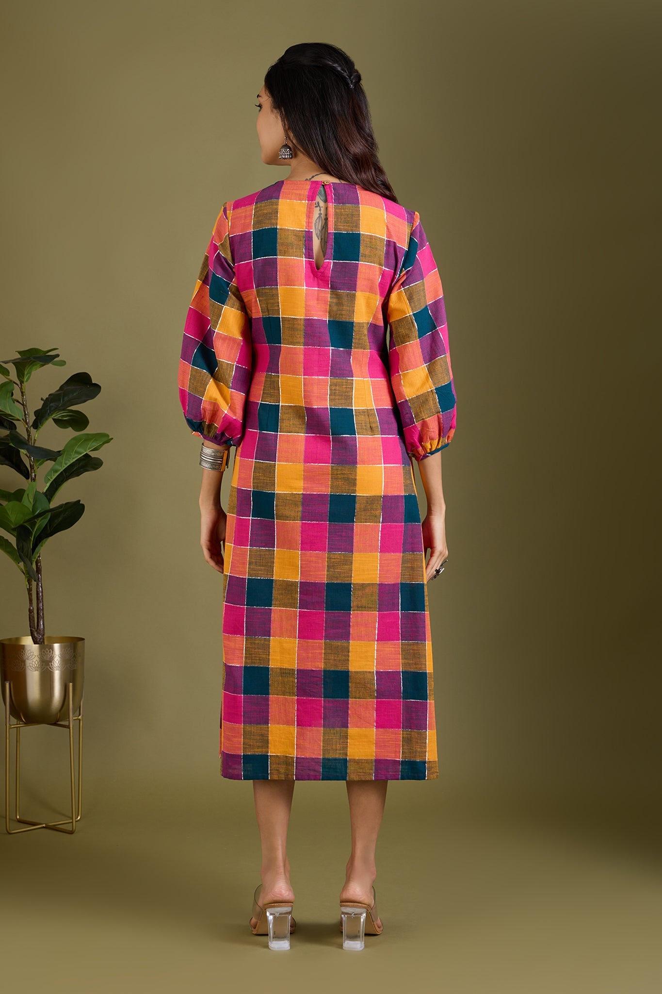 Maati Craft Prismatic Checks Peasant Sleeve Dress