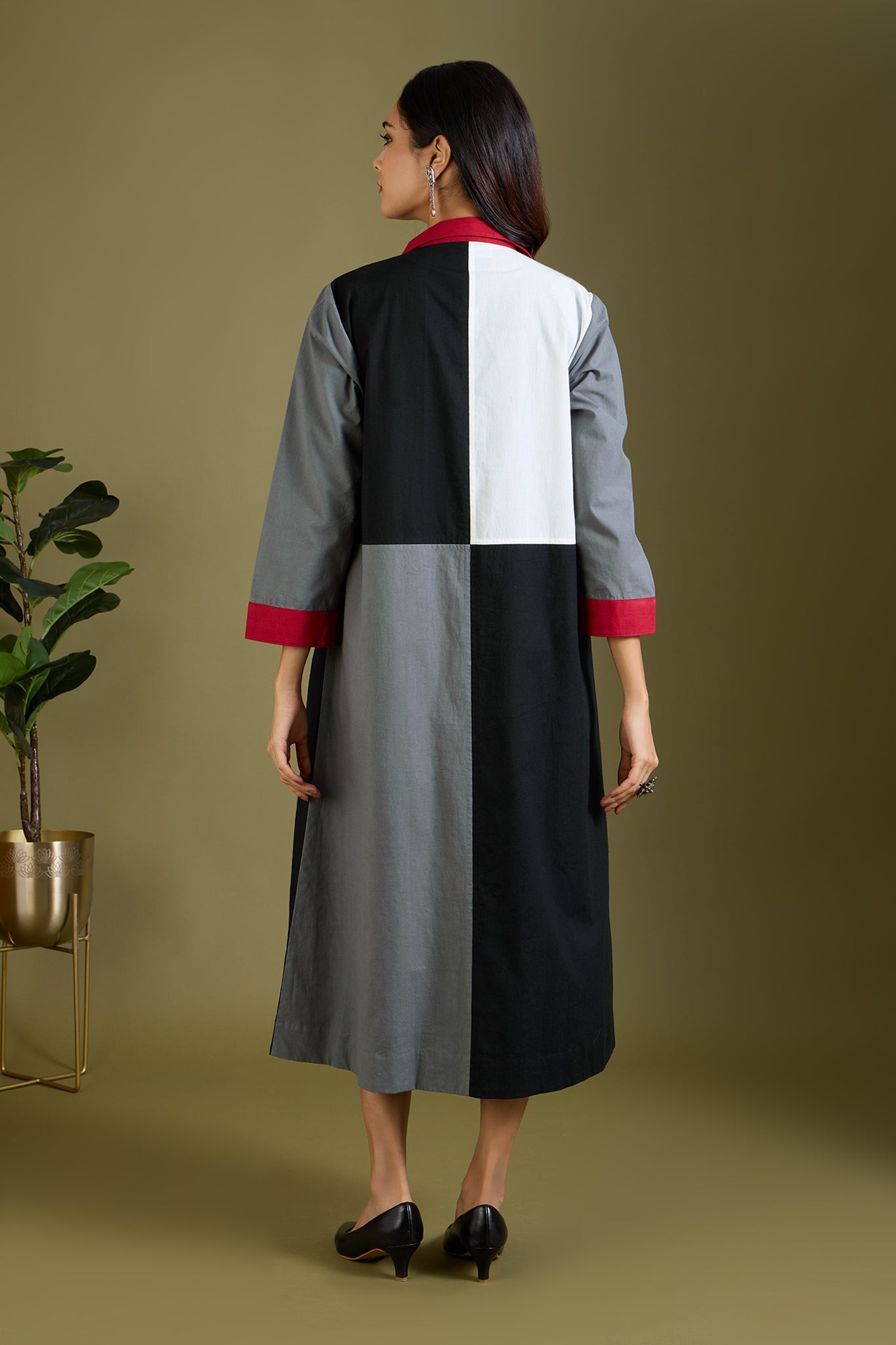 Maati Craft Noir Ember Glow Colour Block Button Down Dress