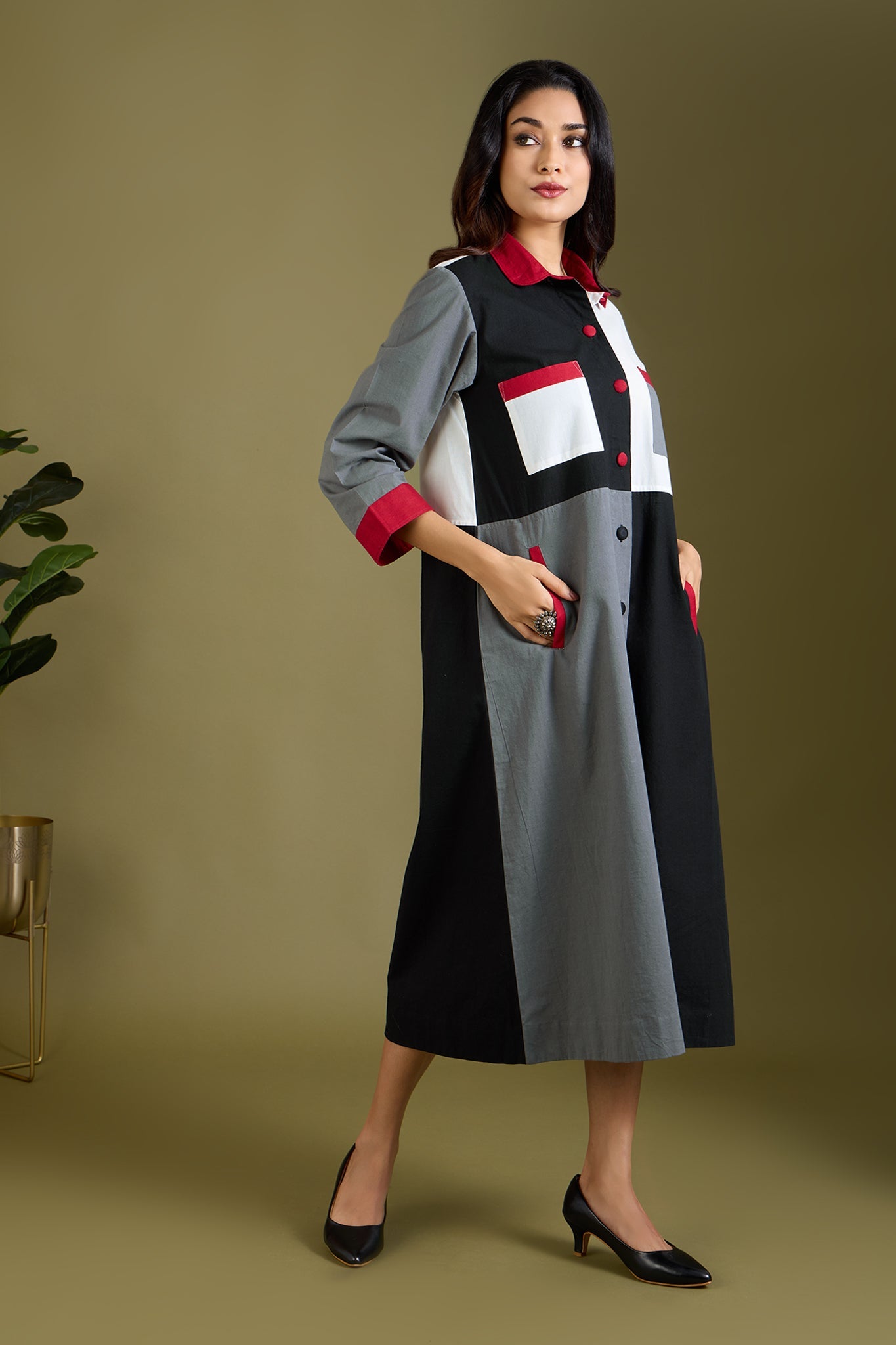 Maati Craft Noir Ember Glow Colour Block Button Down Dress