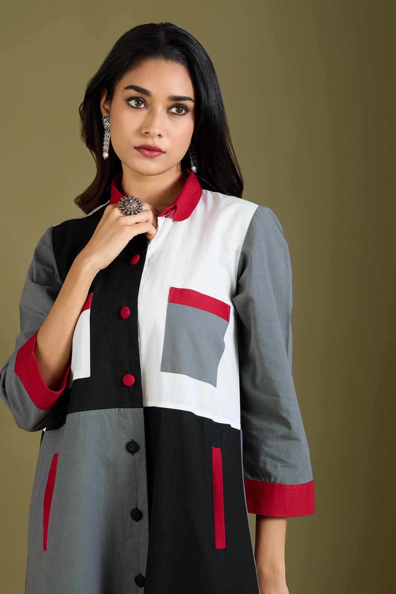 Maati Craft Noir Ember Glow Colour Block Button Down Dress