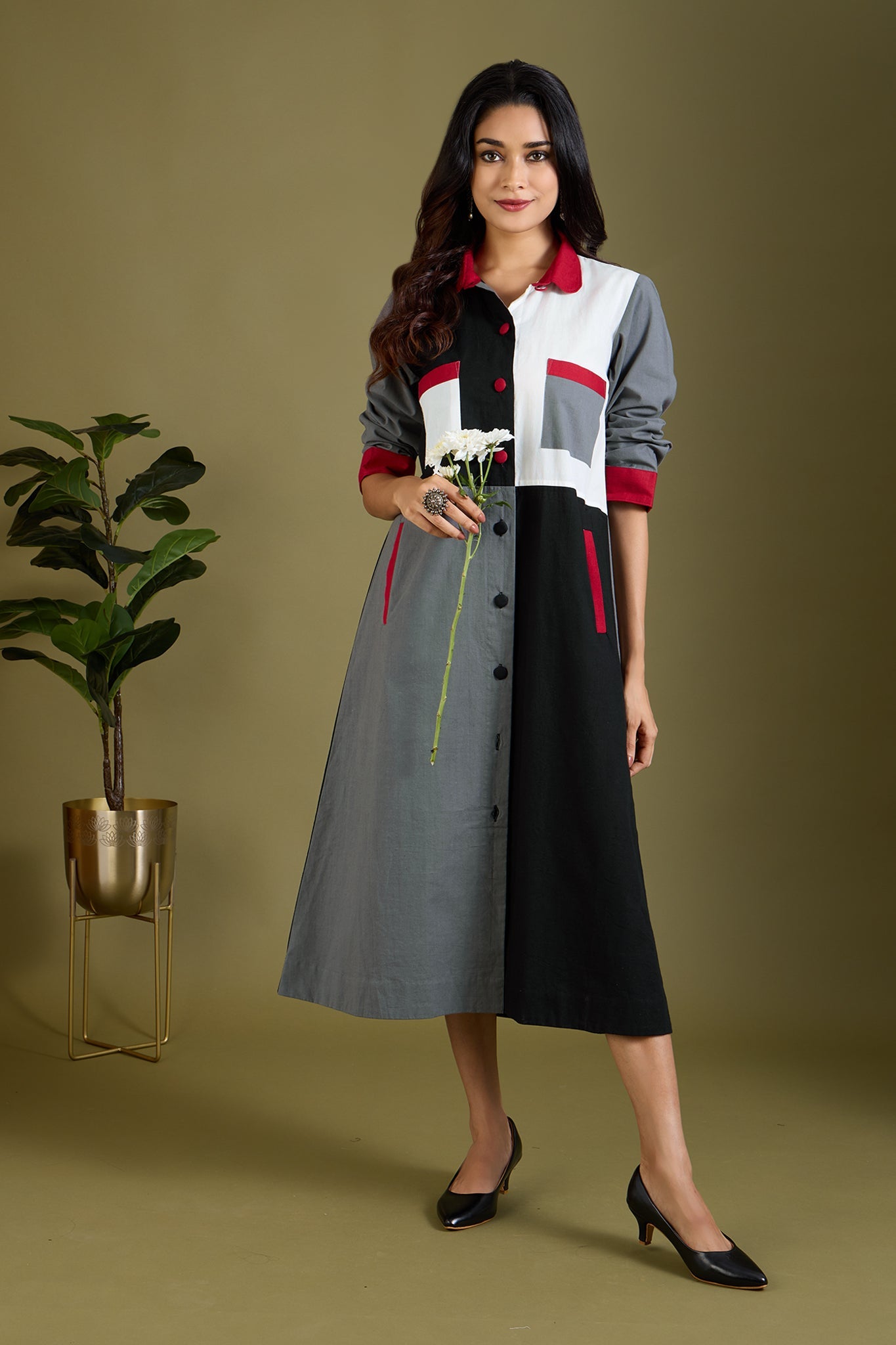 Maati Craft Noir Ember Glow Colour Block Button Down Dress