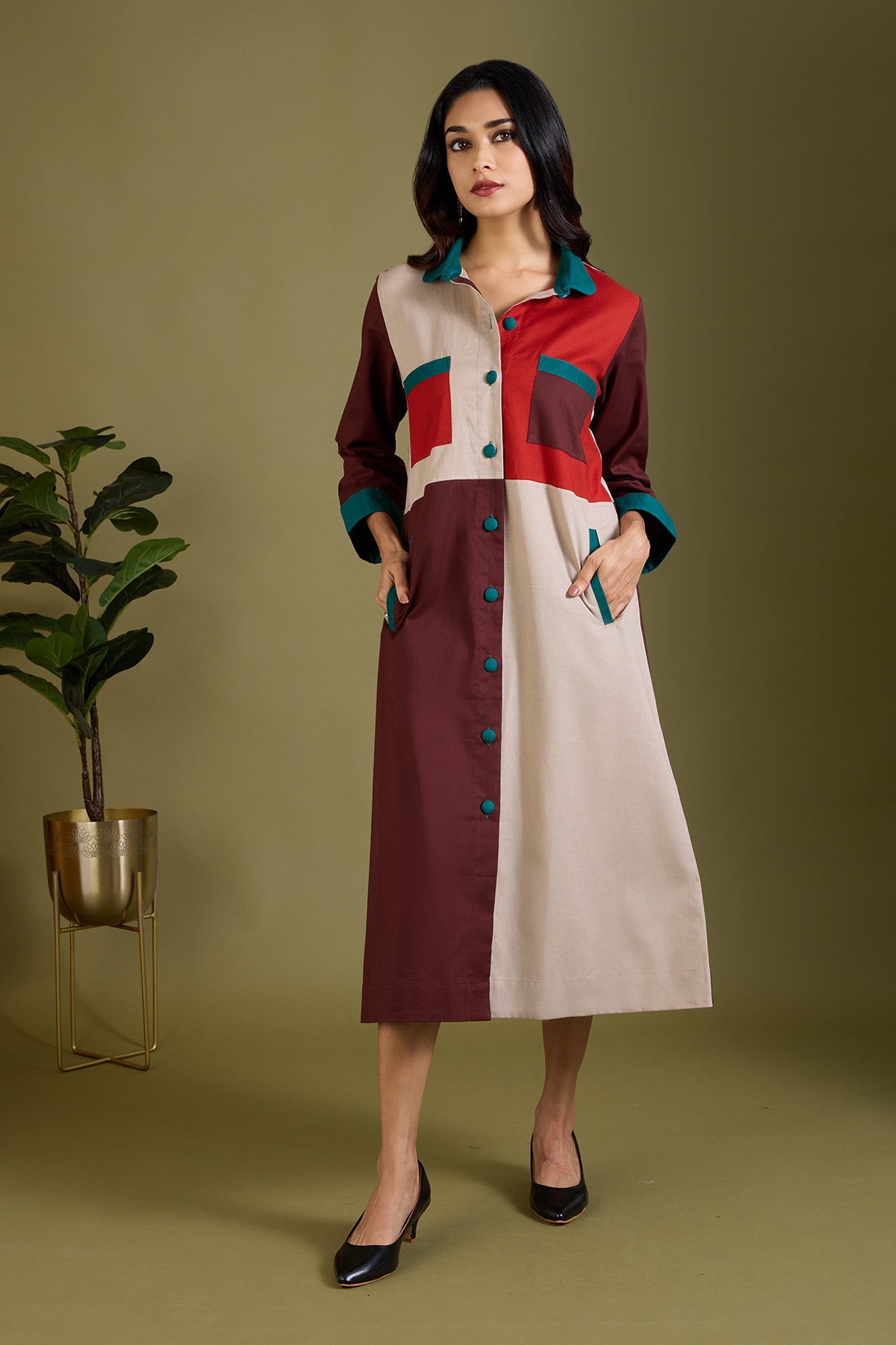 Maati Craft Woodland Whispers Colour Block Button Down Dress