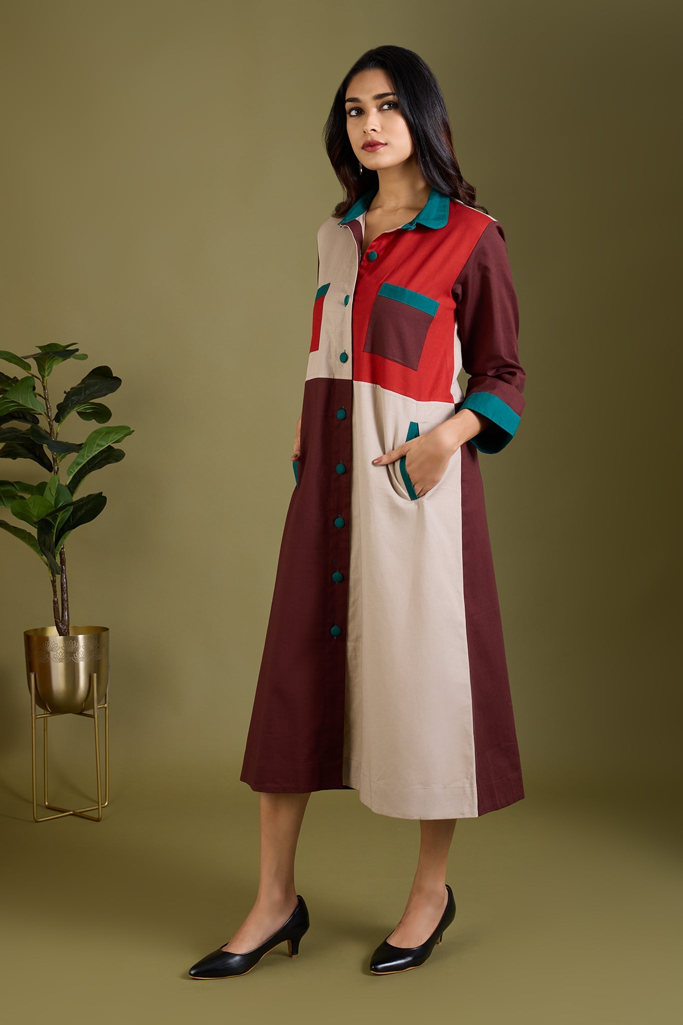 Maati Craft Woodland Whispers Colour Block Button Down Dress