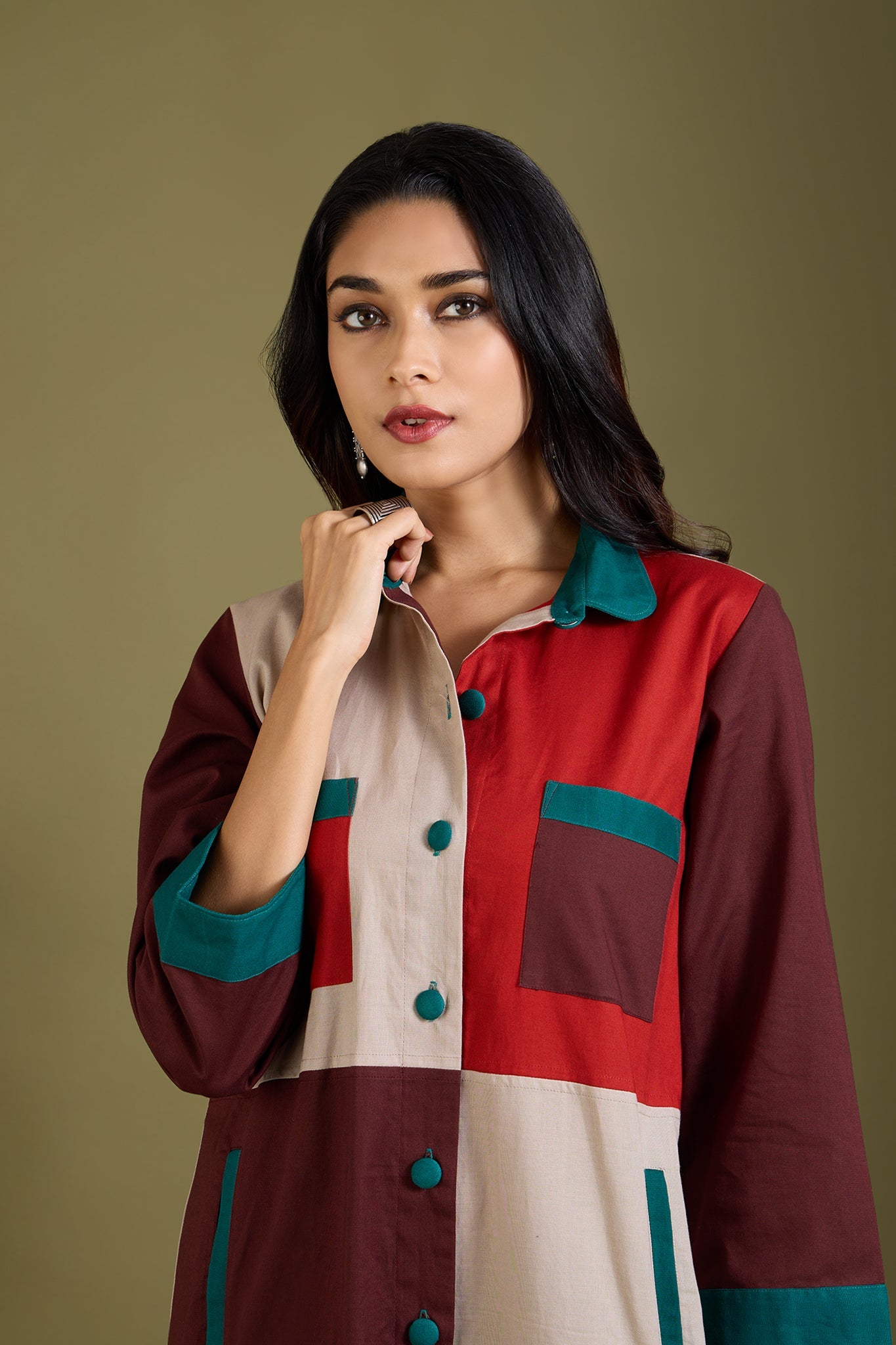 Maati Craft Woodland Whispers Colour Block Button Down Dress
