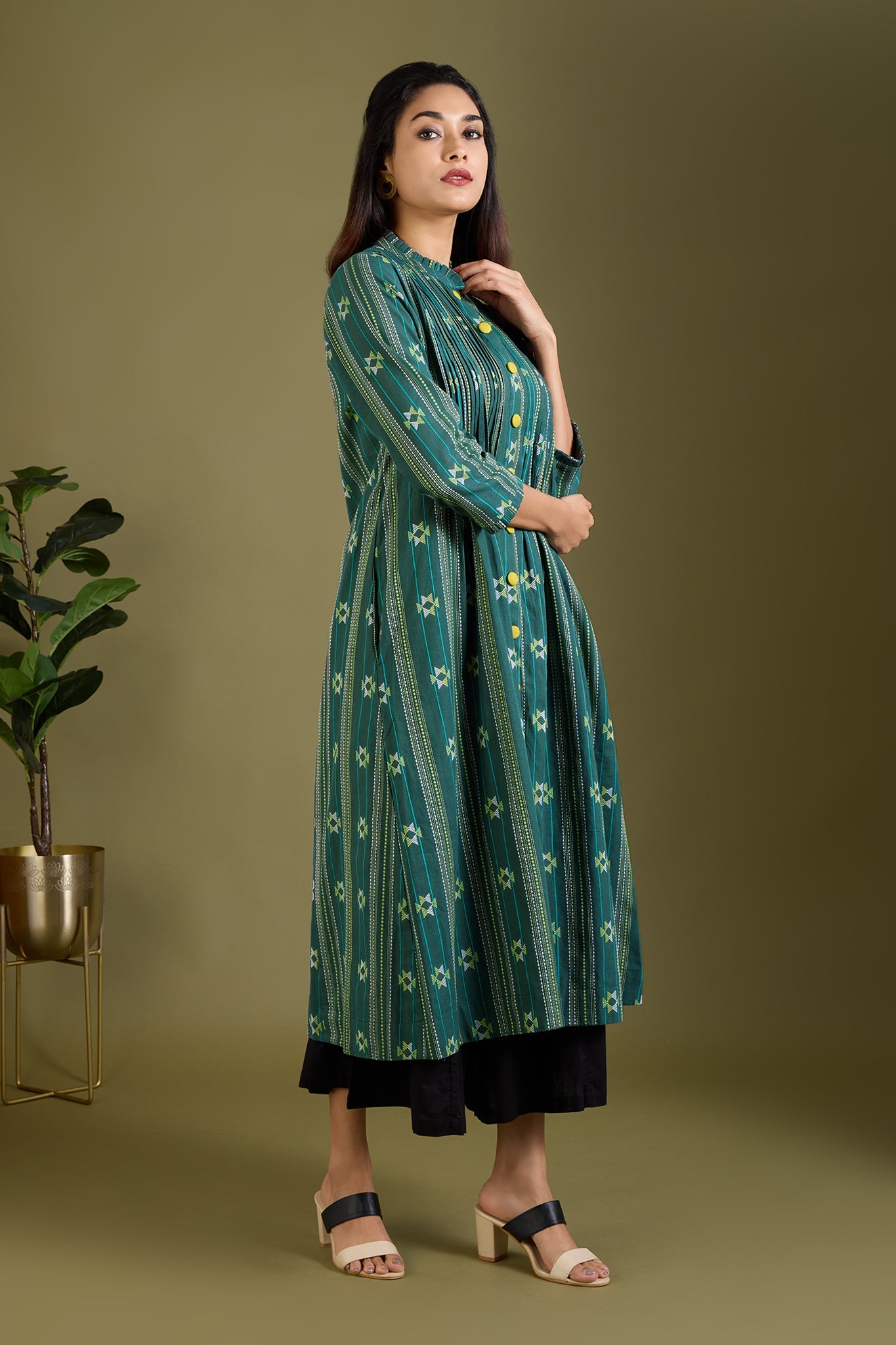 Maati Craft Sage Threads Pleated Neck Pintuck Dress