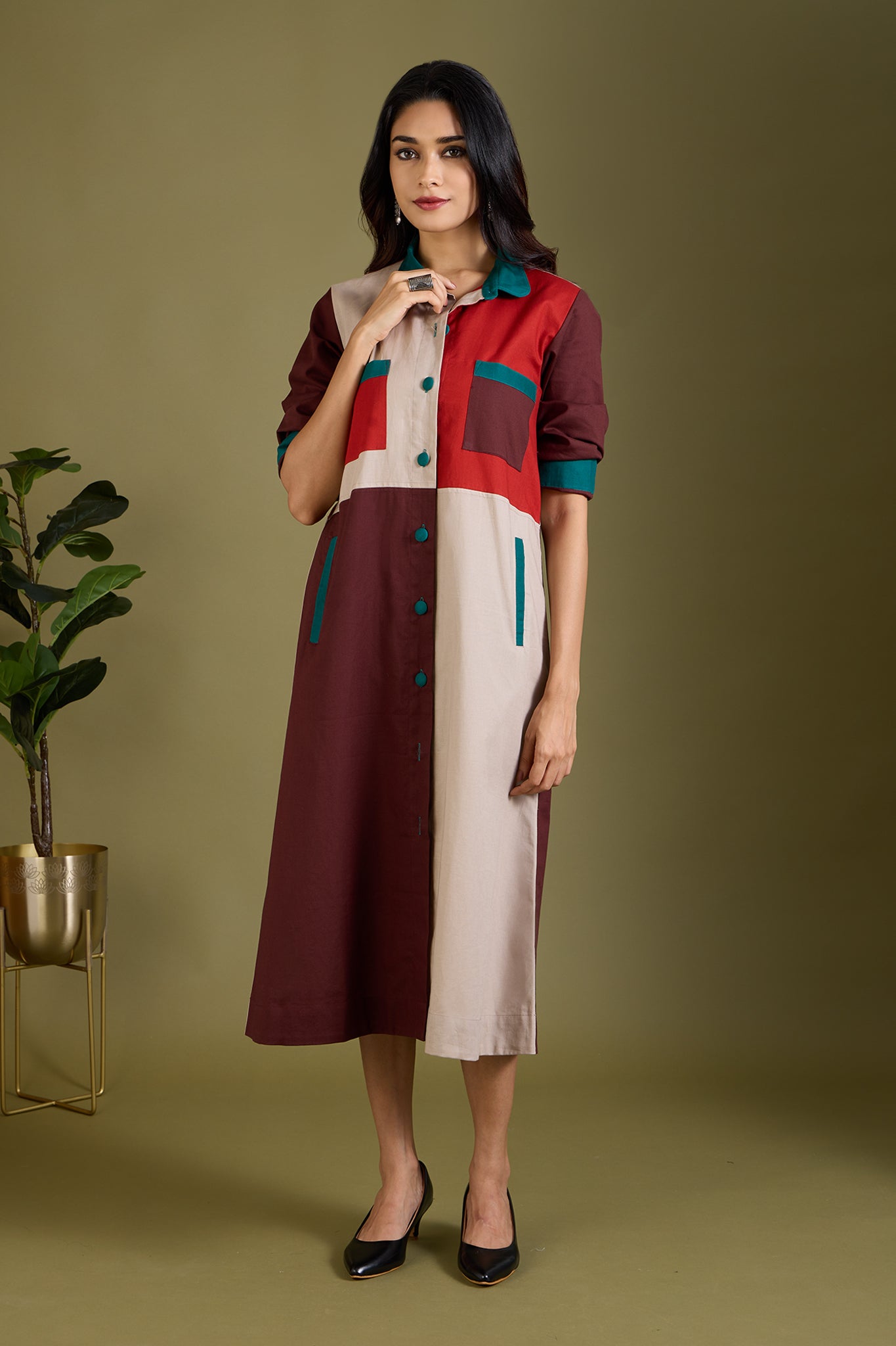 Maati Craft Woodland Whispers Colour Block Button Down Dress