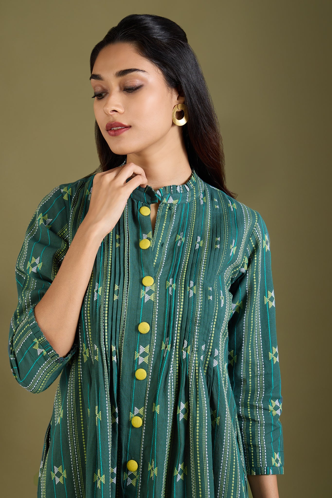 Maati Craft Sage Threads Pleated Neck Pintuck Dress