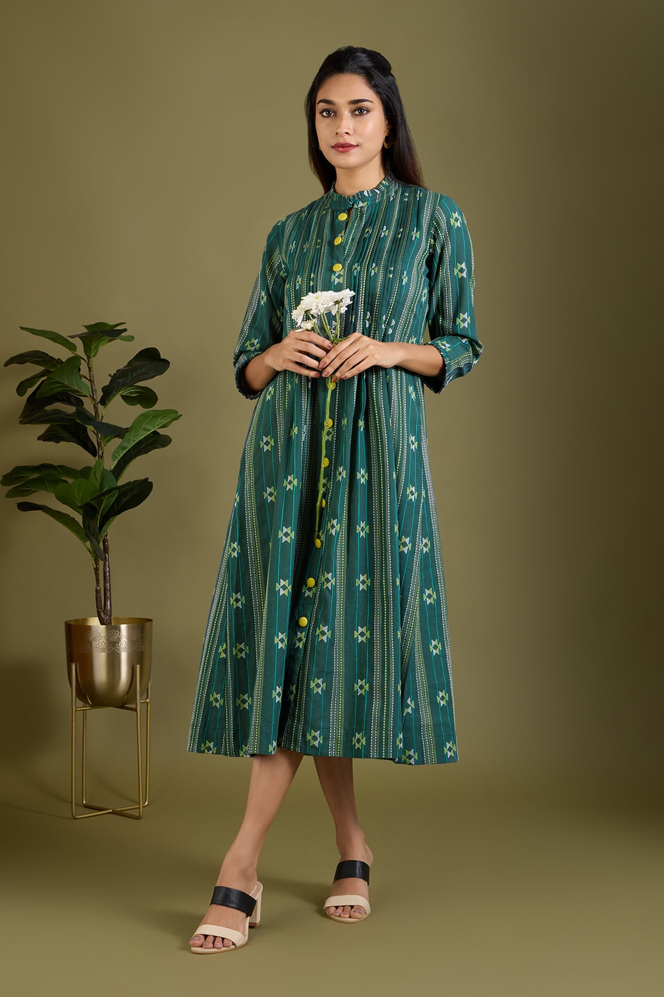 Maati Craft Sage Threads Pleated Neck Pintuck Dress