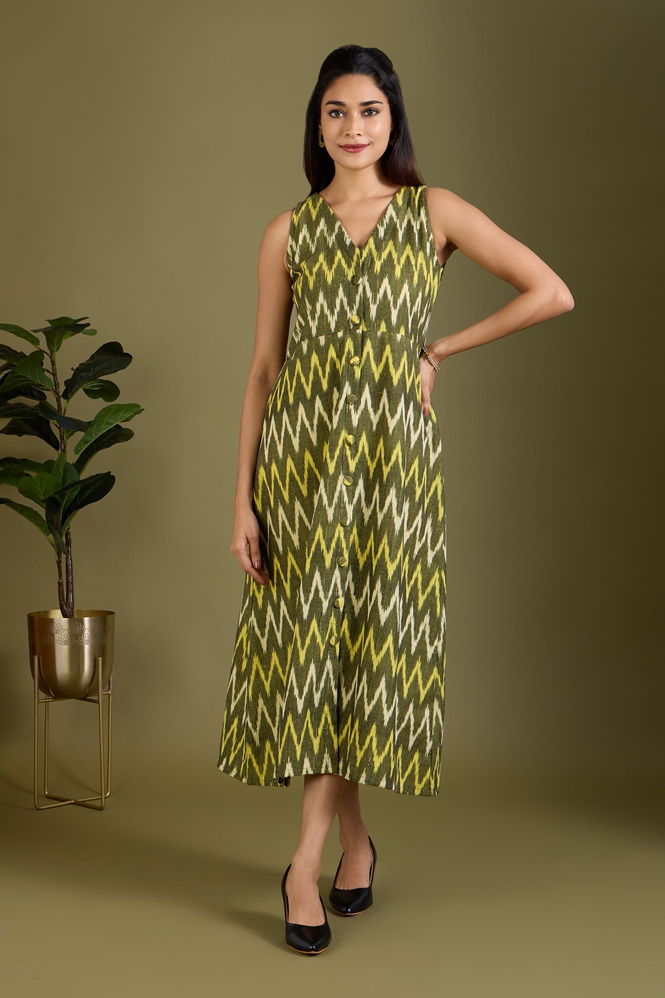 Maati Craft Earthy Zigzag Glow V-neck Button Down Dress