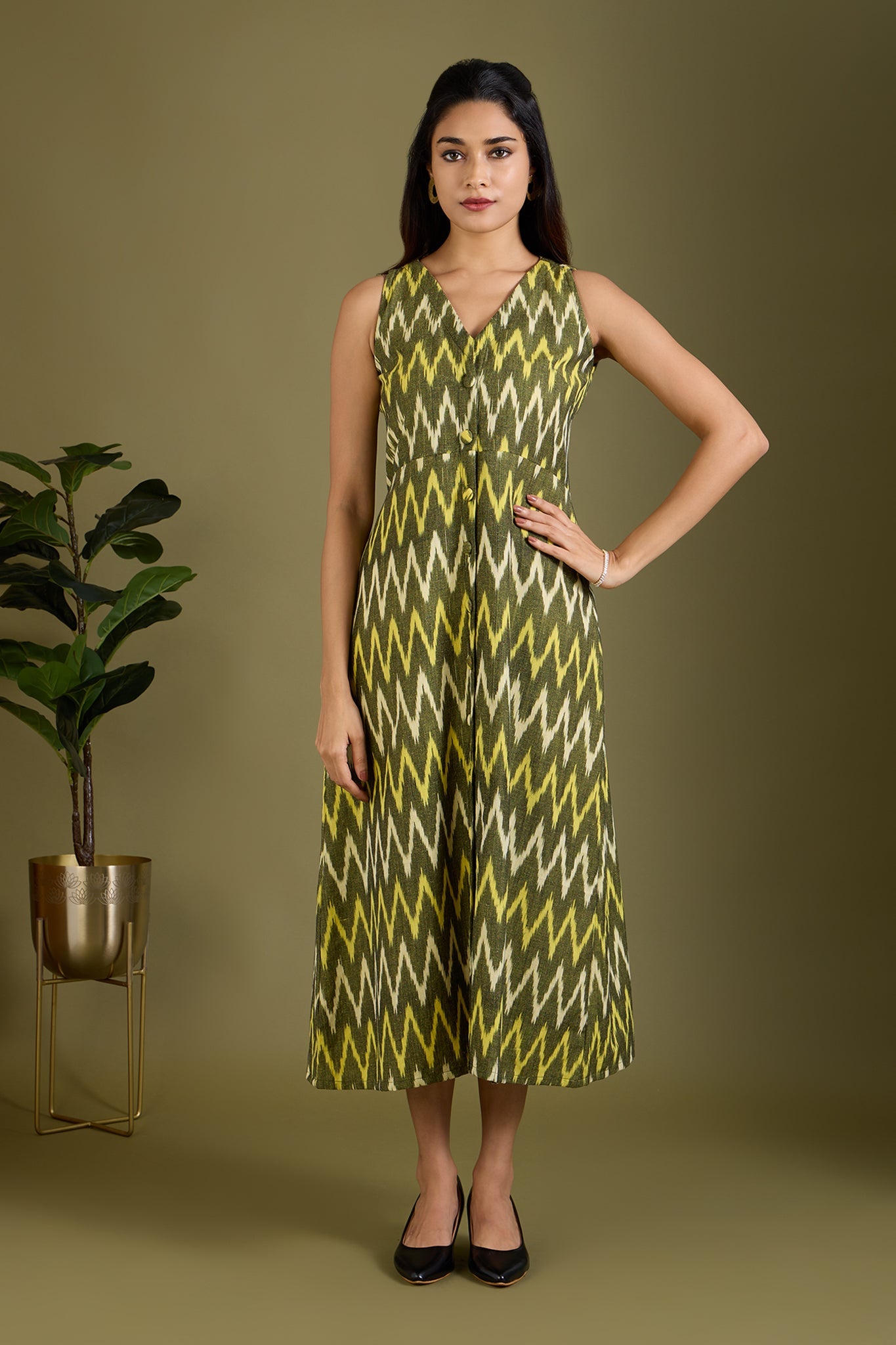 Maati Craft Earthy Zigzag Glow V-neck Button Down Dress