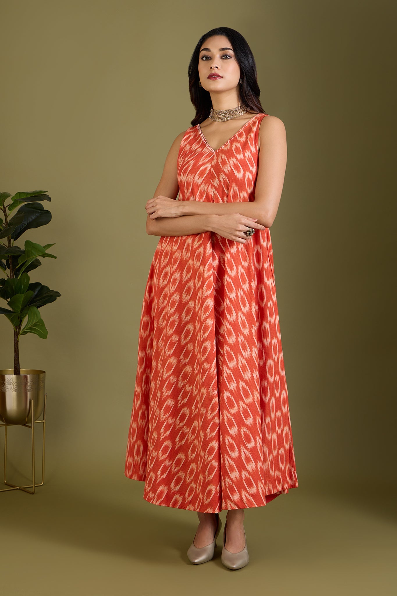 Maati Craft Mandarin Mood Sleeveless Strap Flared Bias Dress
