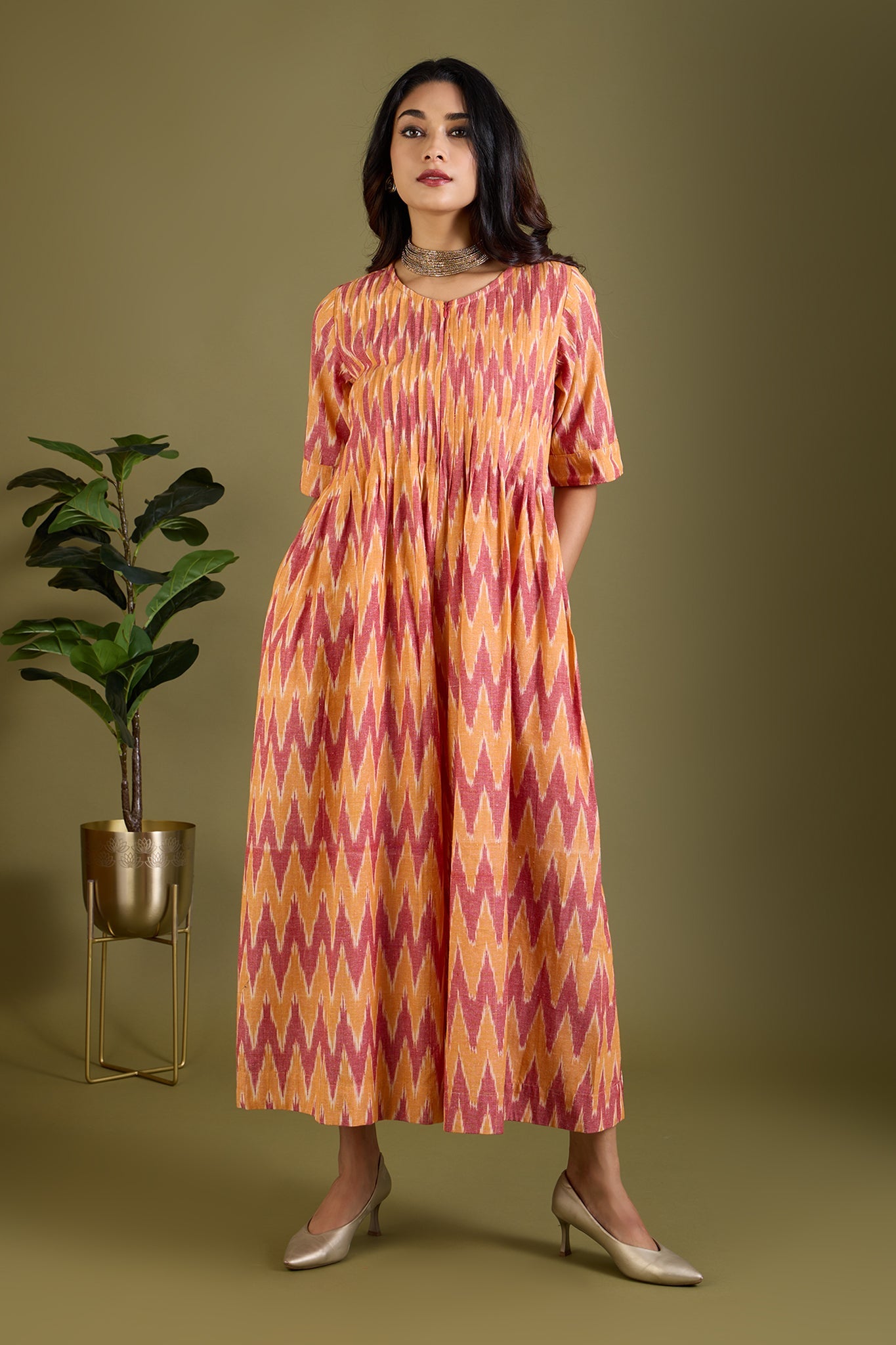Pure cotton ikat jumpsuit with pintuck & front zipper