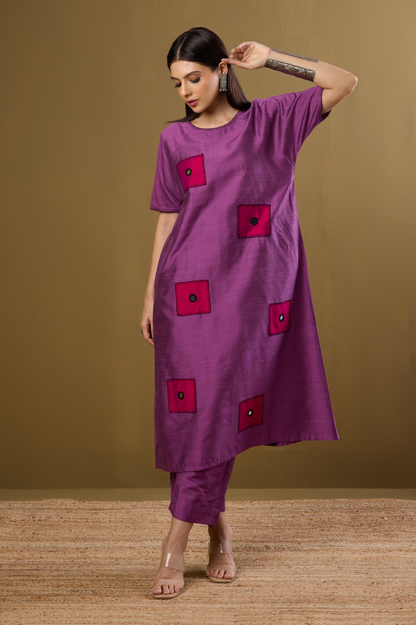 Maati Craft Co-ord set Dusty Mauve & Rose Mirror Silk Slub drop shoulder tunic & pants (set of 2)