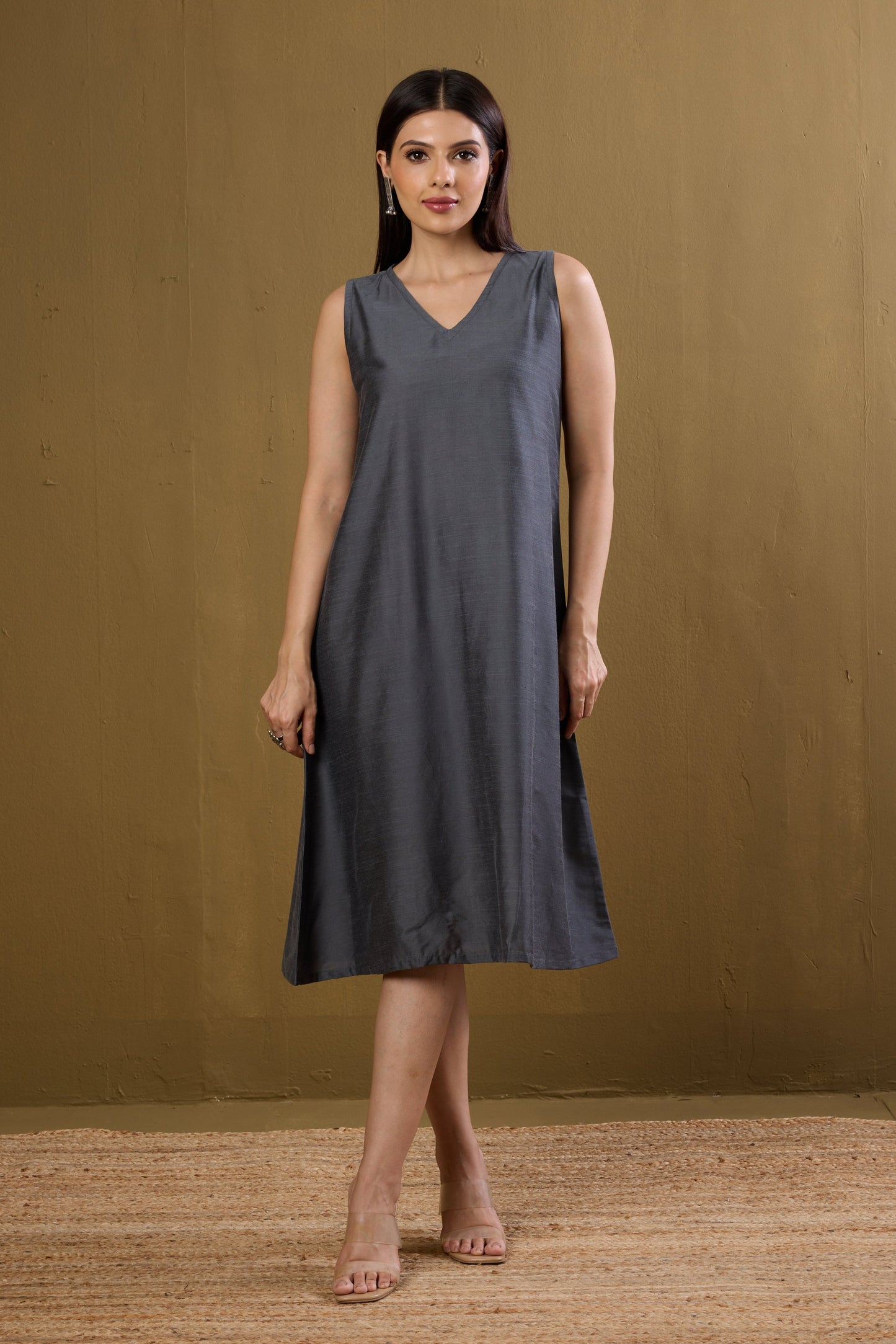 Maati Craft Gulabi Moonlit Grey Silk Slub Sleeveless V-Neck Dress